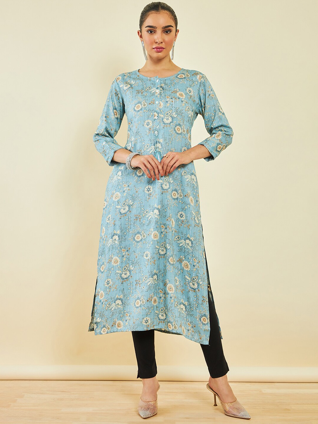 

Soch Ethnic Motif Printed Round Neck Straight kurta, Blue