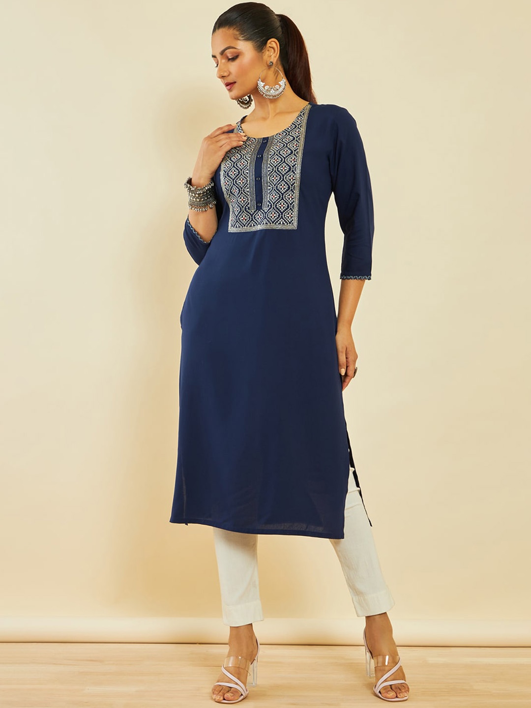 

Soch Ethnic Motifs Embroidered Thread Work Kurta, Navy blue