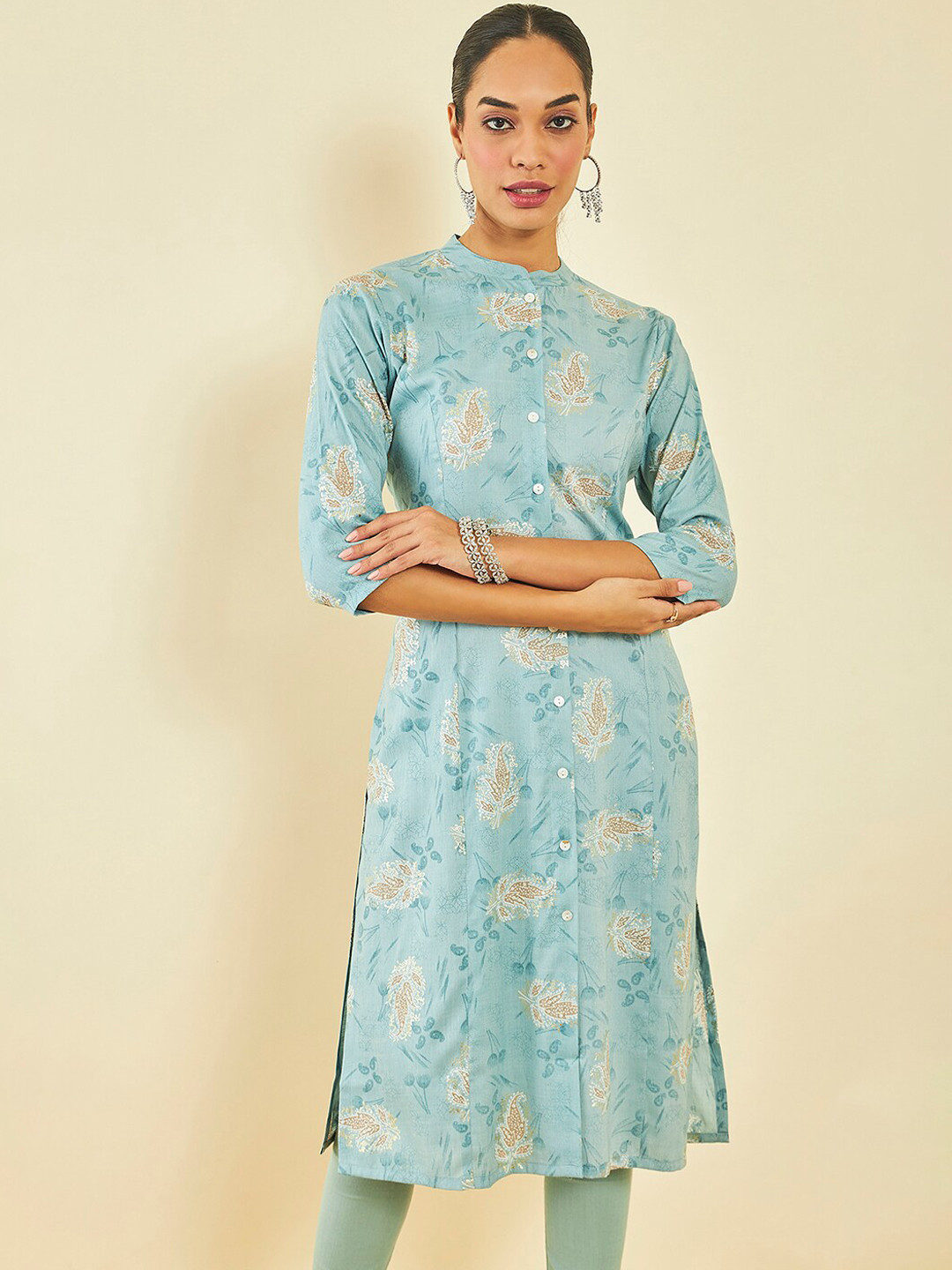 

Soch Floral Printed Mandarin Collar Straight Kurta, Blue