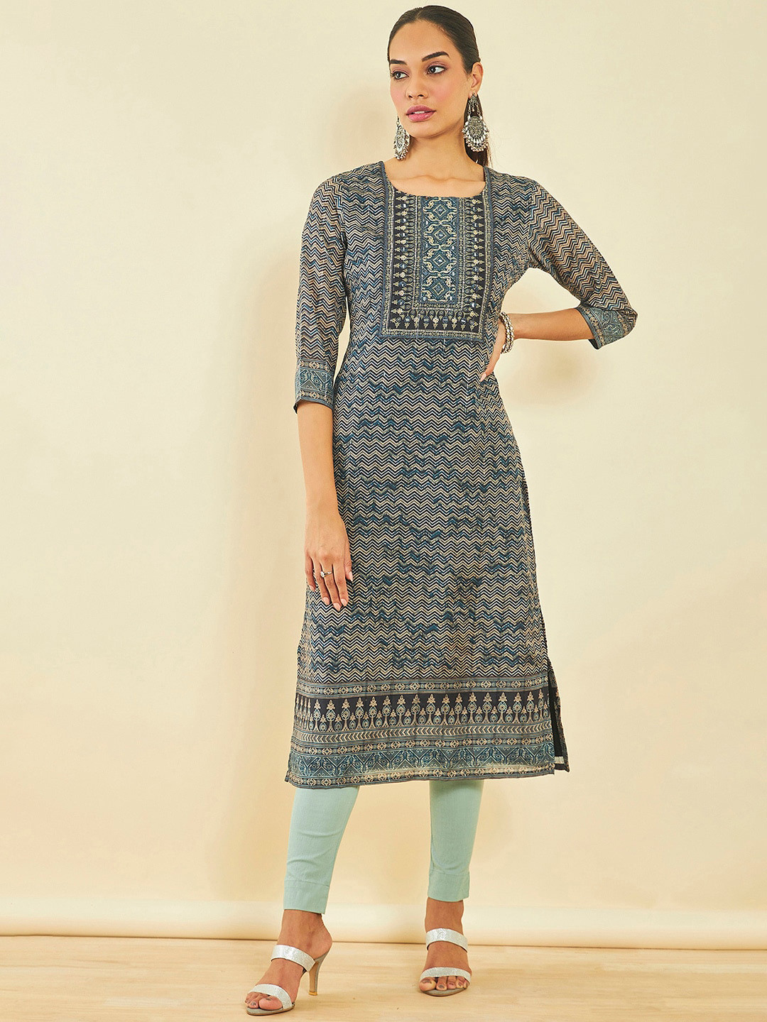 

Soch Geometric Printed Mirror Work Chanderi Silk Straight Kurta, Blue