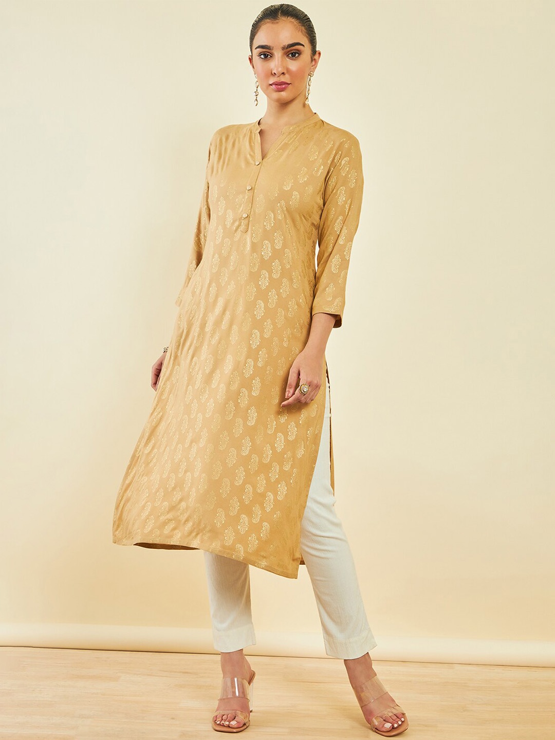 

Soch Ethic Motif Printed Mandarin Collar Straight Kurta, Beige