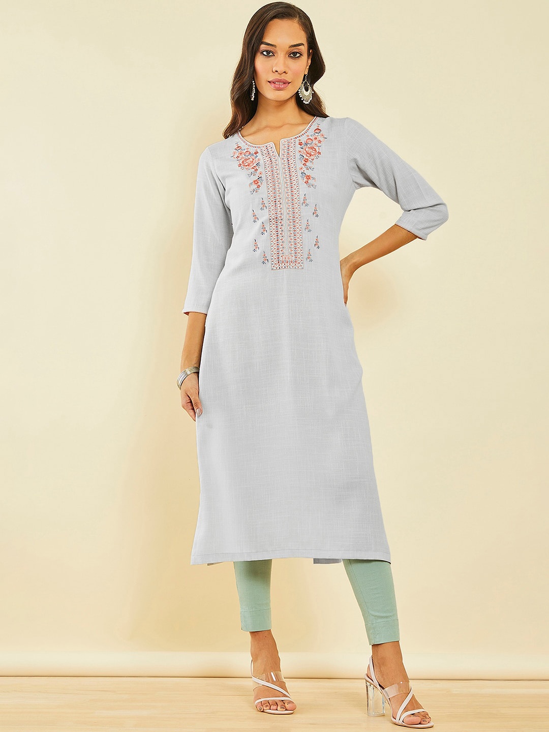 

Soch Floral Embroidered Straight Kurta, Grey