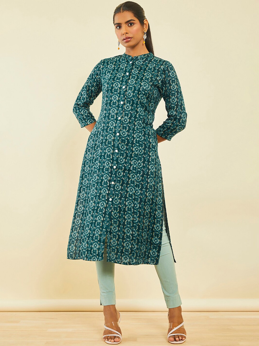 

Soch Ethnic Motifs Ikkat Printed Mandarin Collar Kurta, Teal