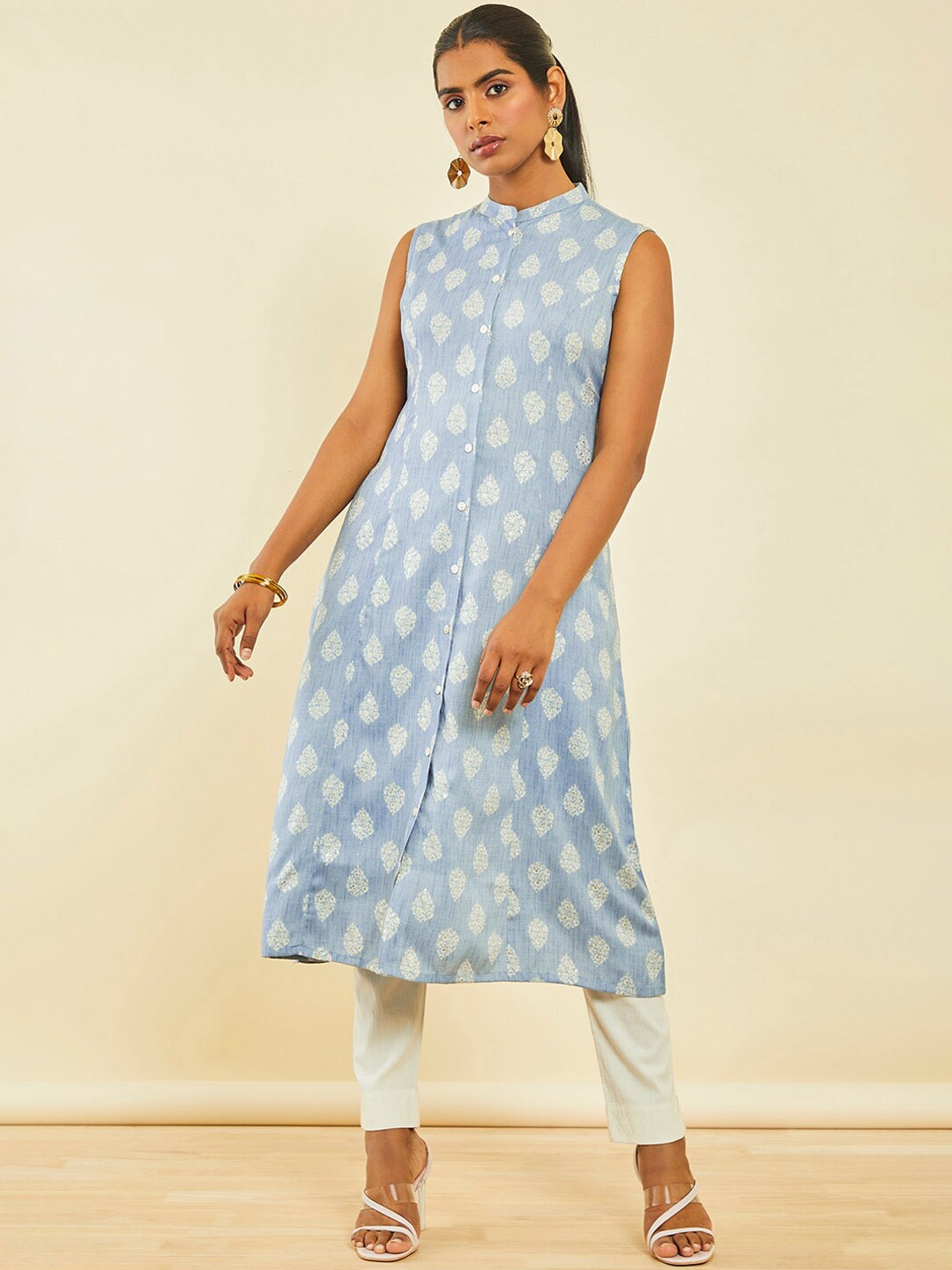 

Soch Ethnic Motifs Printed Mandarin Collar A-Line Kurta, Blue