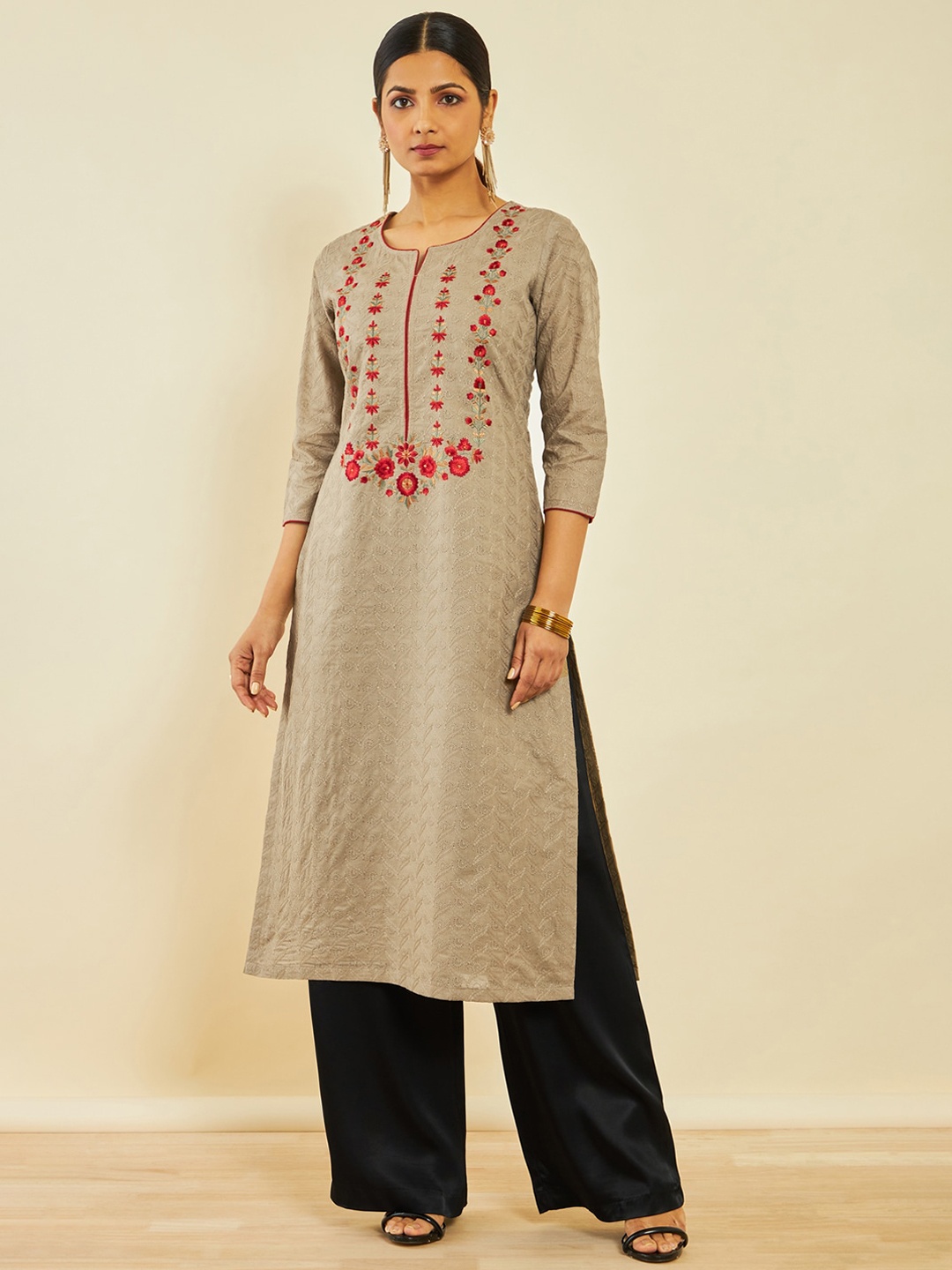 

Soch Floral Embroidered Regular Kurta, Brown