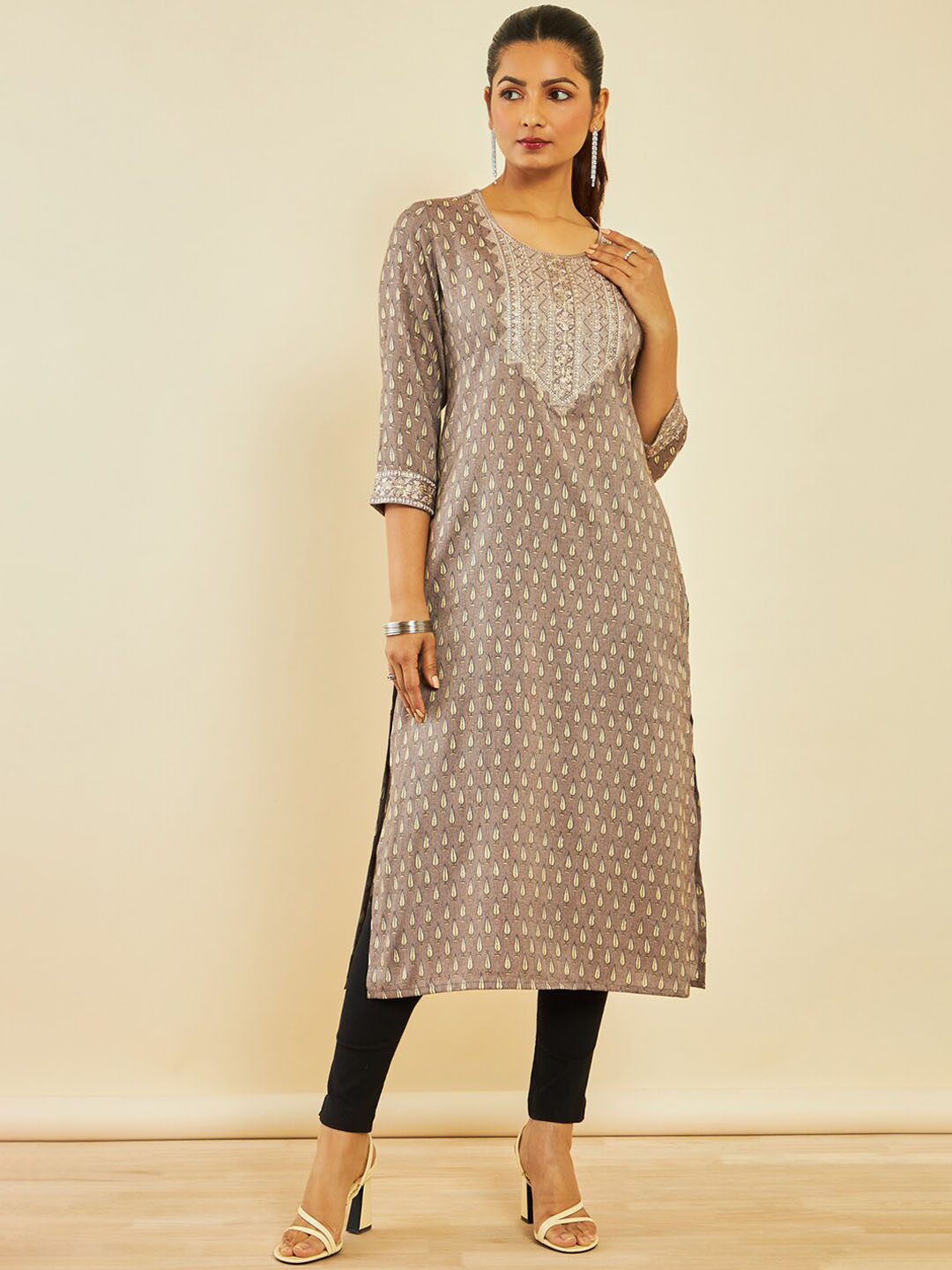 

Soch Geometric Printed Thread Work Straight Kurta, Brown