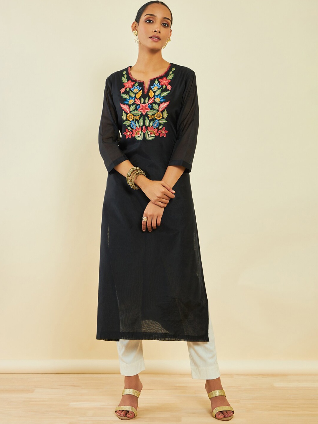 

Soch Floral Embroidered Thread Work Chanderi Silk Straight Kurta, Black