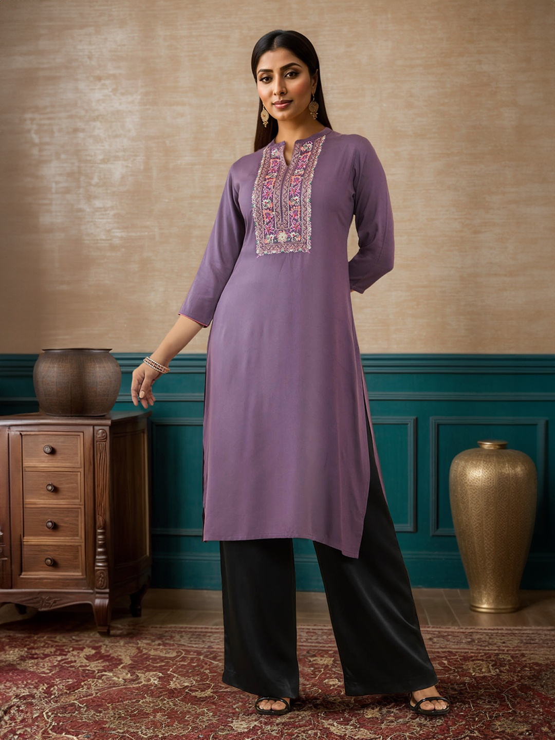 

Soch Floral Embroidered Mandarin Collar Straight Kurta, Purple