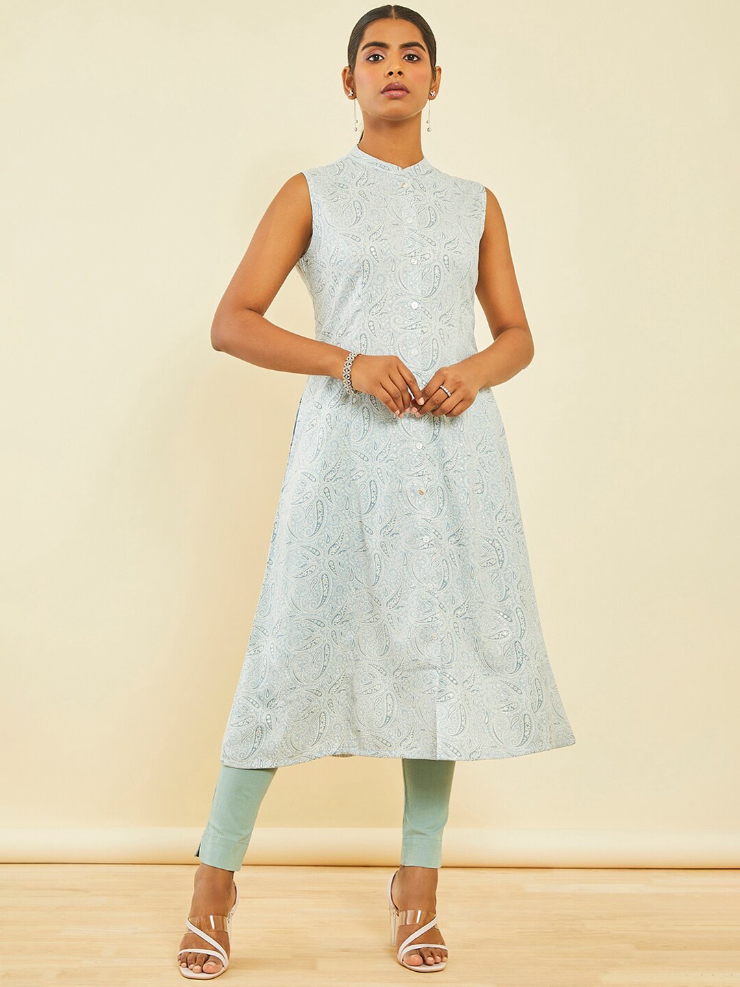 

Soch Paisley Printed Mandarin Collar A-Line Kurta, Blue