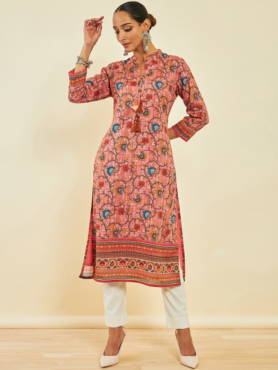 

Soch Floral Printed Mandarin Collar Cotton Straight Kurta, Coral