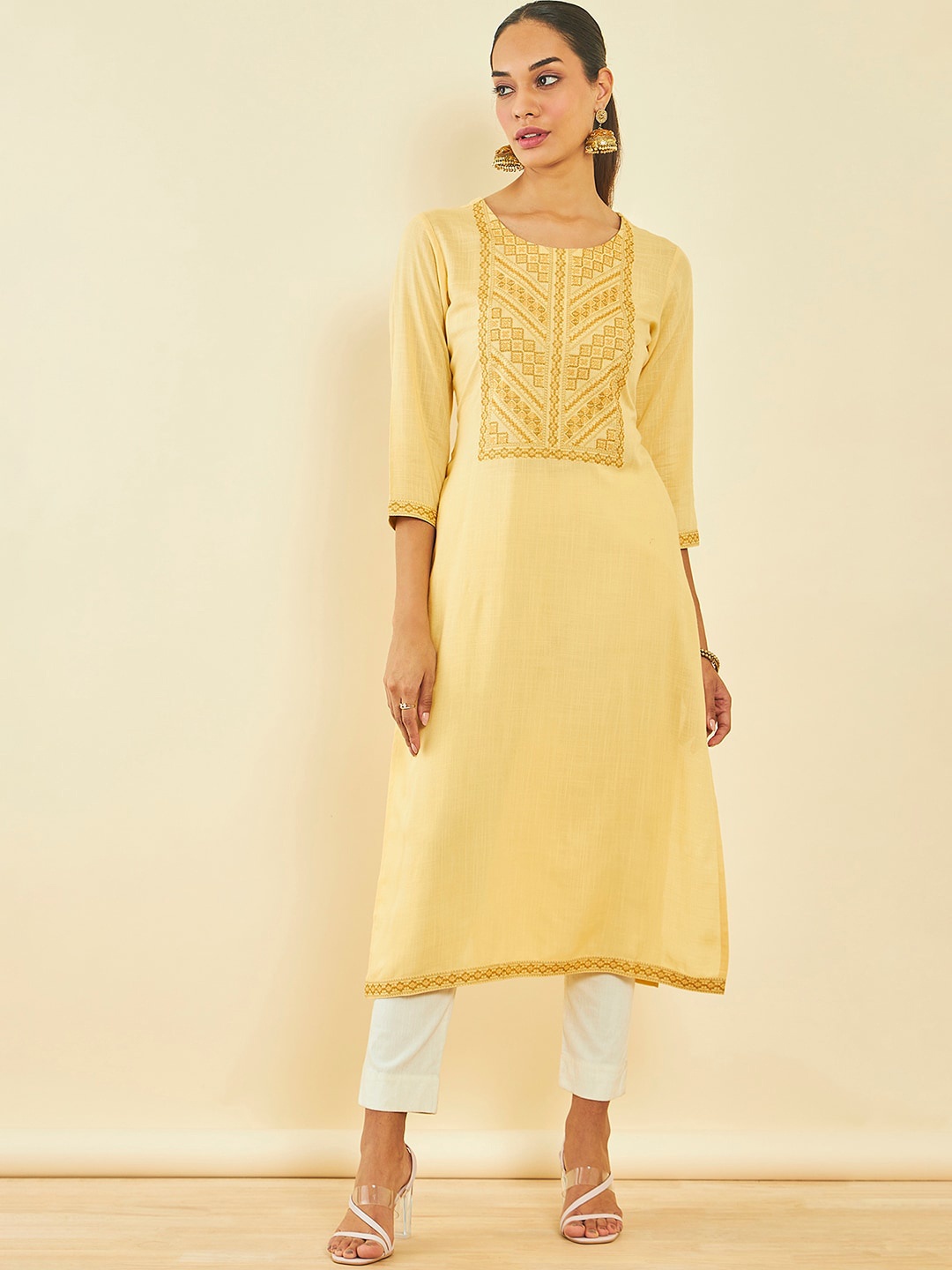 

Soch Ethnic Motif Embroidered Straight Kurta, Yellow
