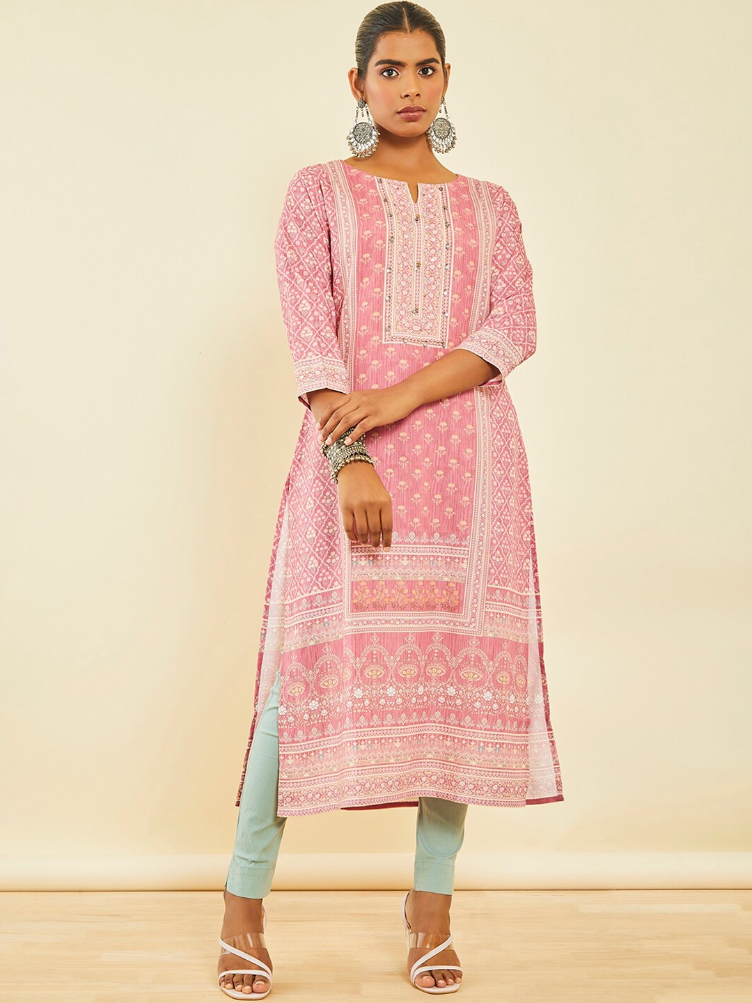 

Soch Ethnic Motifs Printed Notched Neck Sequined Regular Kurta, Pink