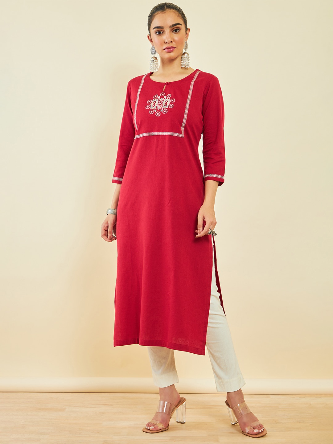 

Soch Yoke Design Thread Work Cotton Straight Kurta, Maroon