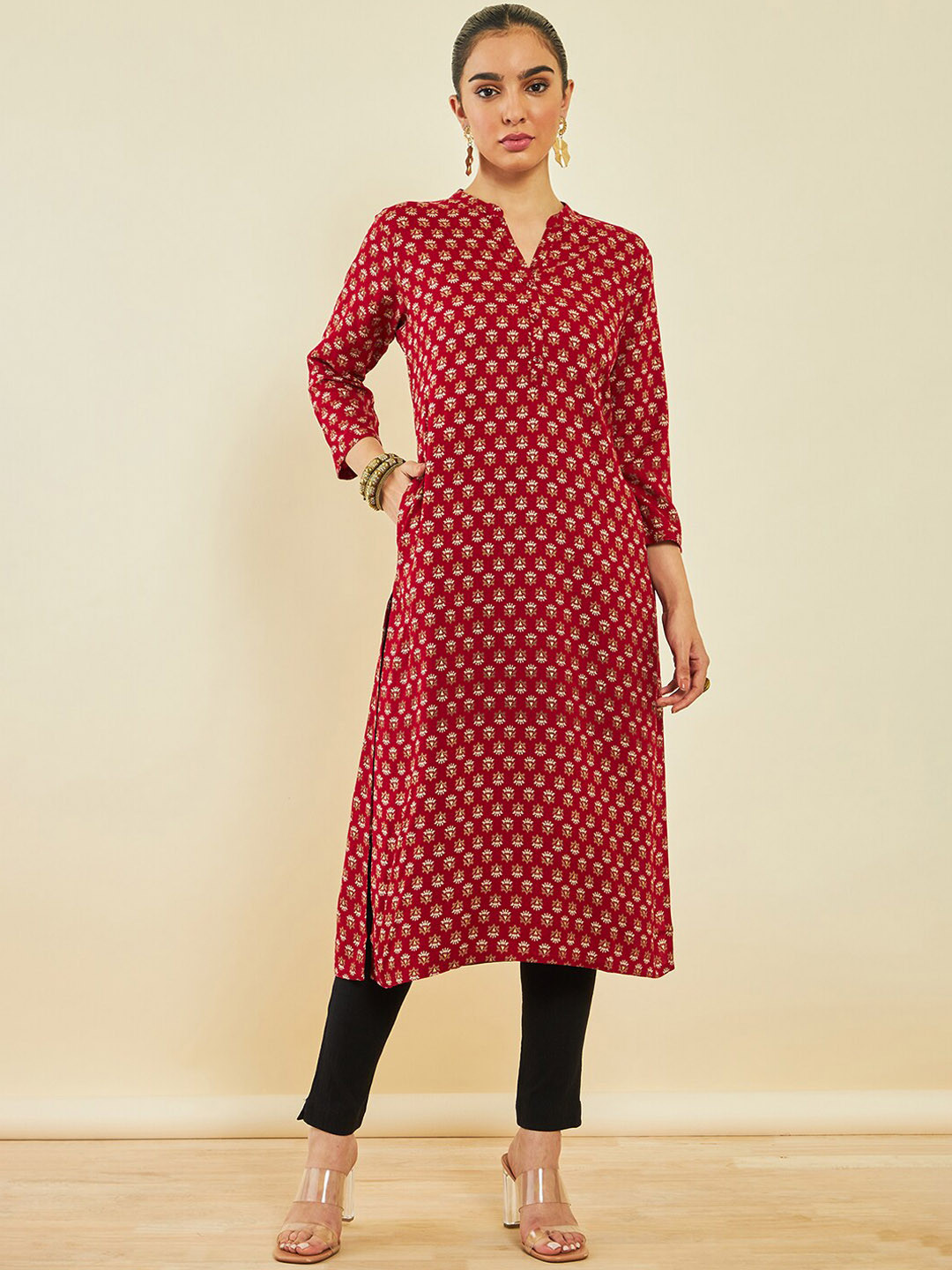 

Soch Ethnic Motif Printed Mandarin Collar Straight Kurta, Red