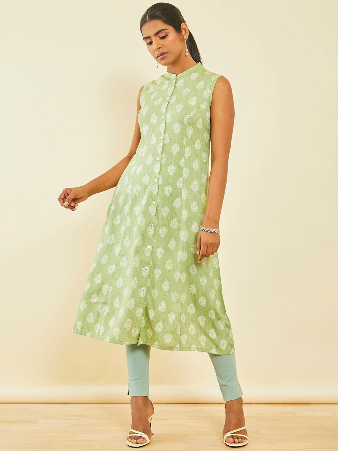 

Soch Ethnic Motifs Printed Sleeveless A-line Kurta, Green