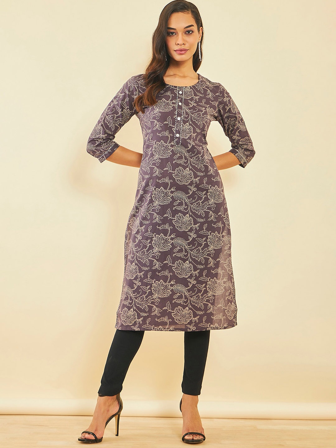 

Soch Floral Printed Gotta Patti Cotton Kurta, Purple
