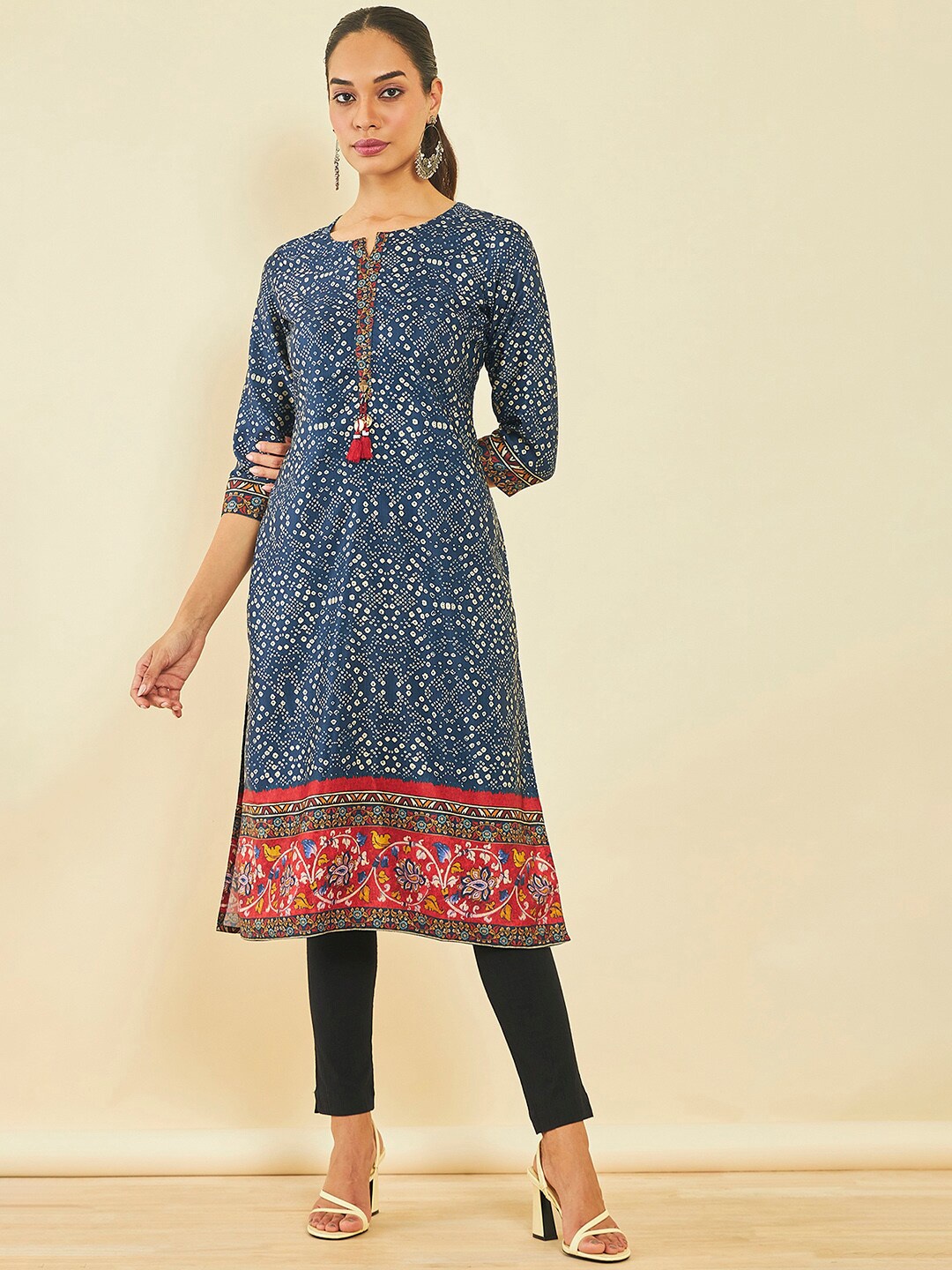 

Soch Bandhani Printed Satin Straight Kurta, Navy blue