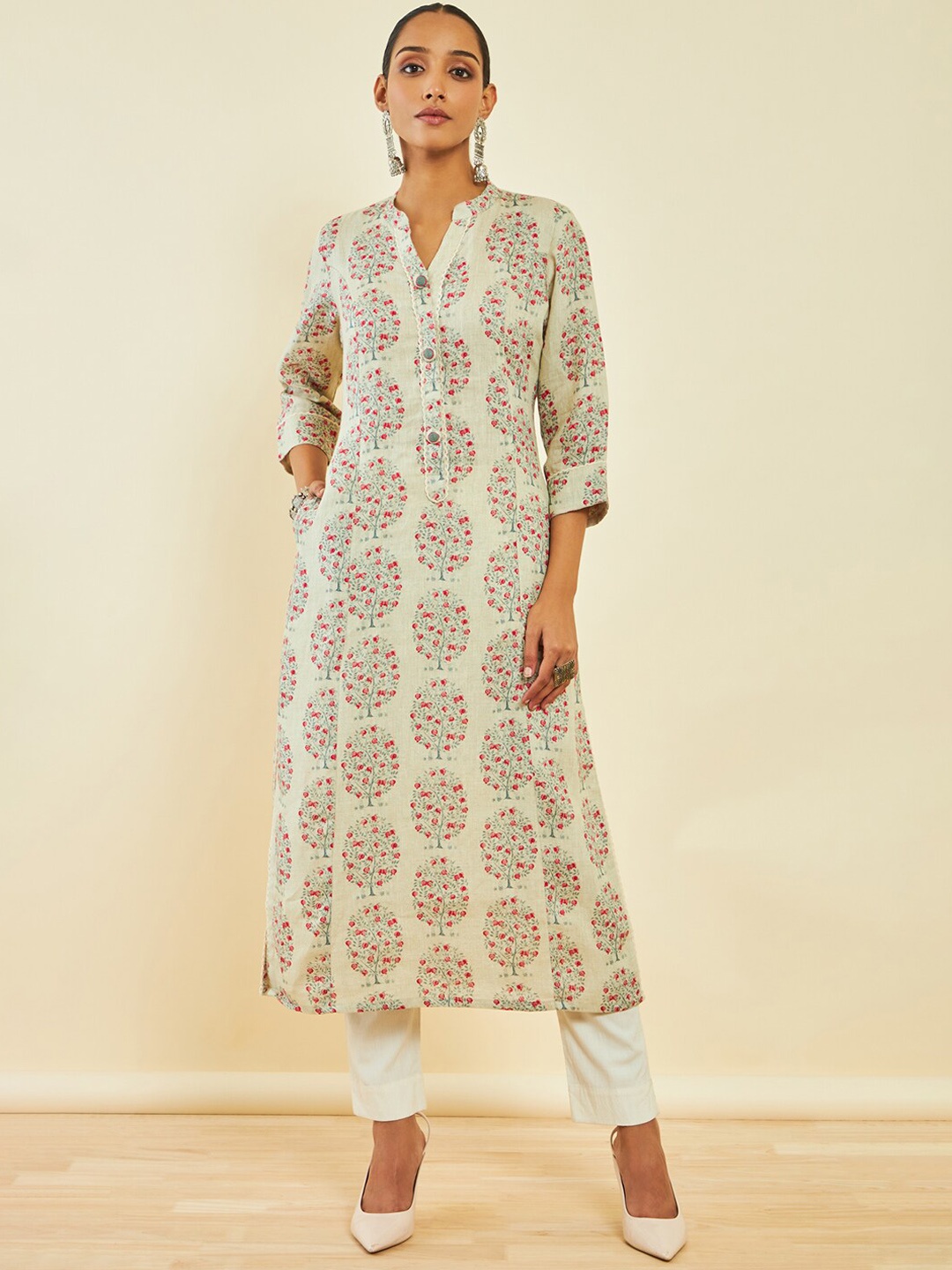 

Soch Floral Printed Mandarin Collar Kurta, Beige