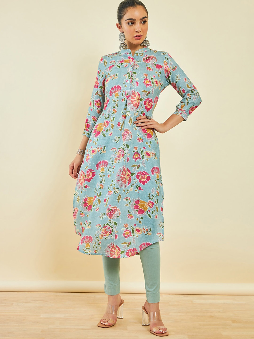 

Soch Floral Printed Mandarin Collar A-line Linen Kurta, Blue