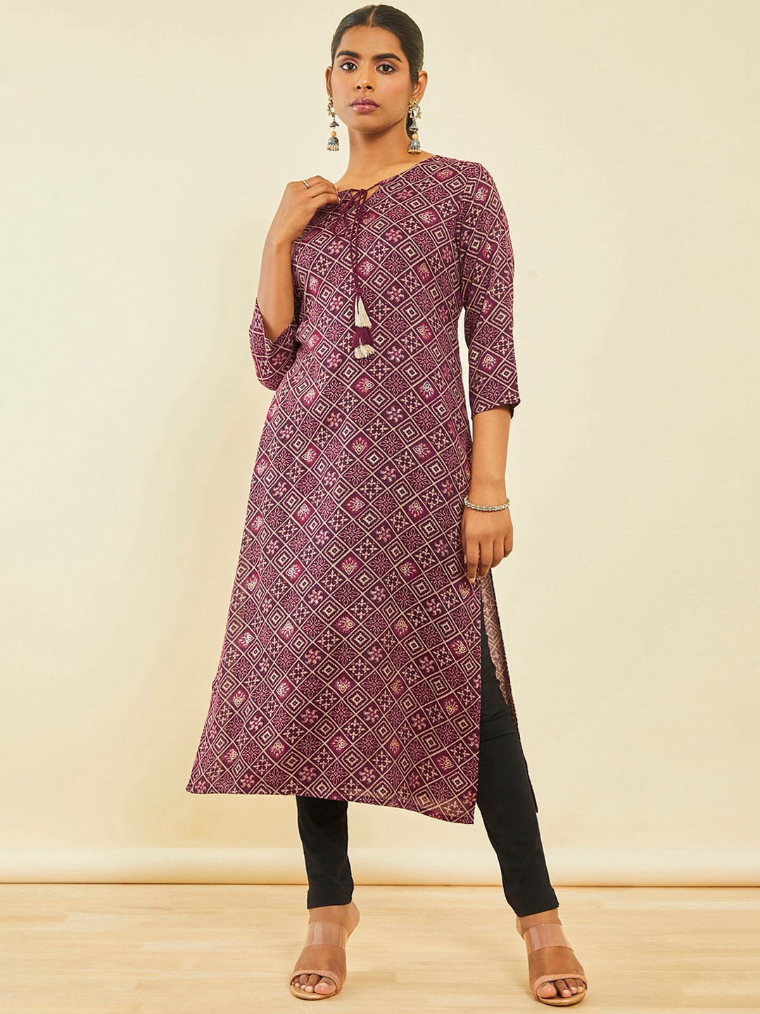 

Soch Ethnic Motifs Printed Tie-Up Neck Kurta, Purple