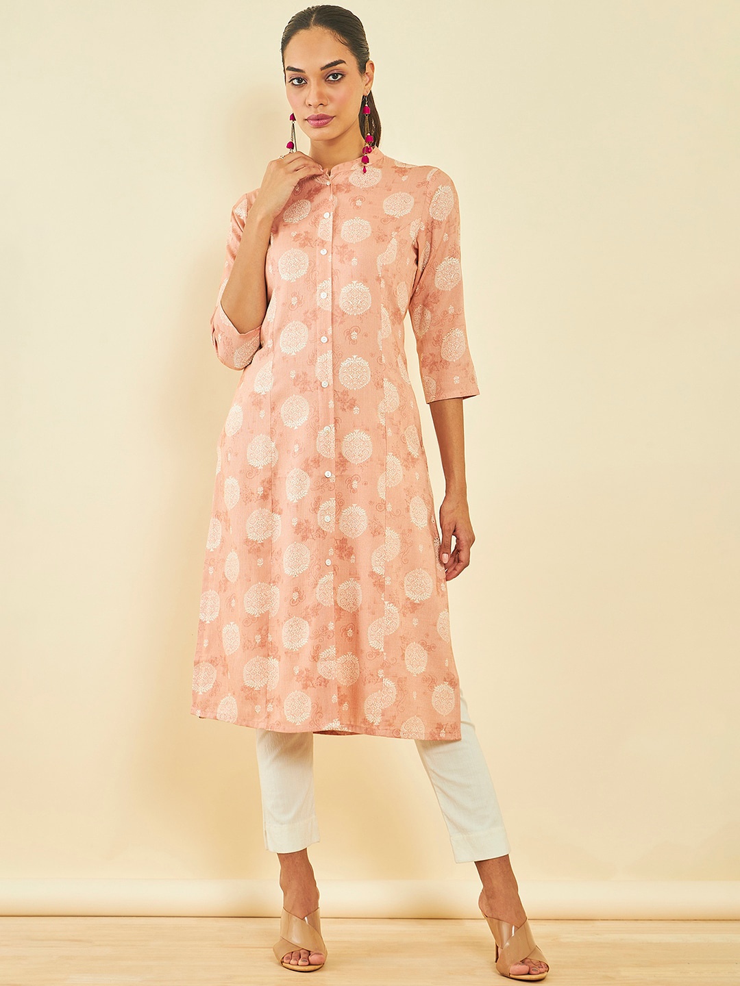 

Soch Ethnic Motifs Printed Mandarin Collar A-Line Kurta, Peach