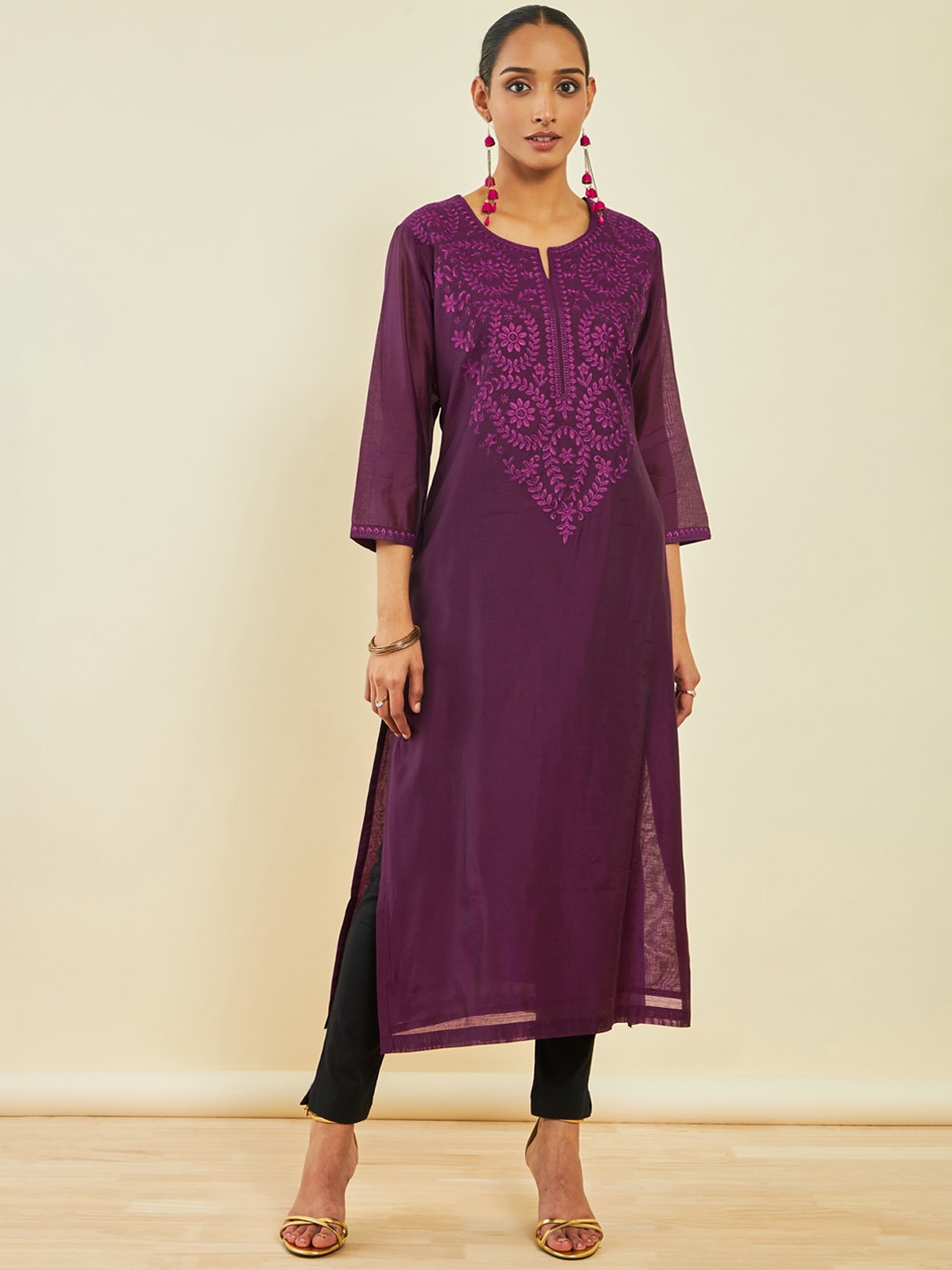 

Soch Embroidered Chanderi Silk Straight Kurta, Purple