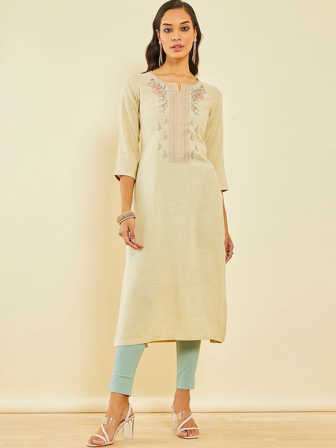 

Soch Ethnic Motifs Yoke Design Thread Work Kurta, Beige