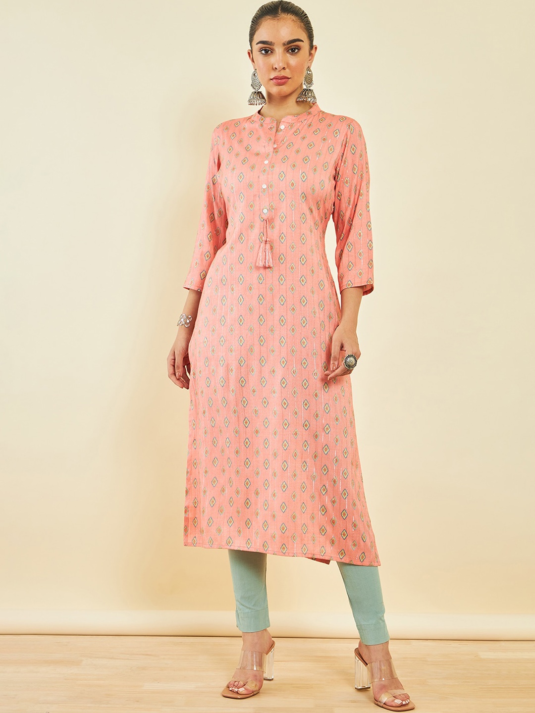

Soch Ethnic Motifs Printed Mandarin Collar Kurta, Peach