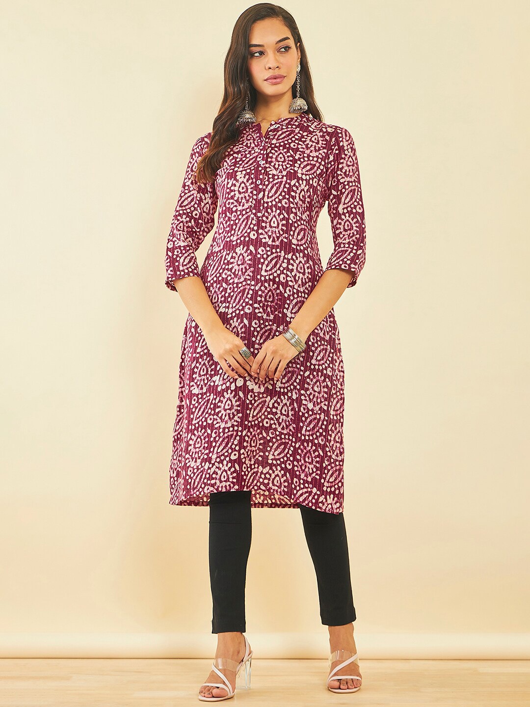 

Soch Ethnic Motifs Printed Band Collar Kurta, Magenta