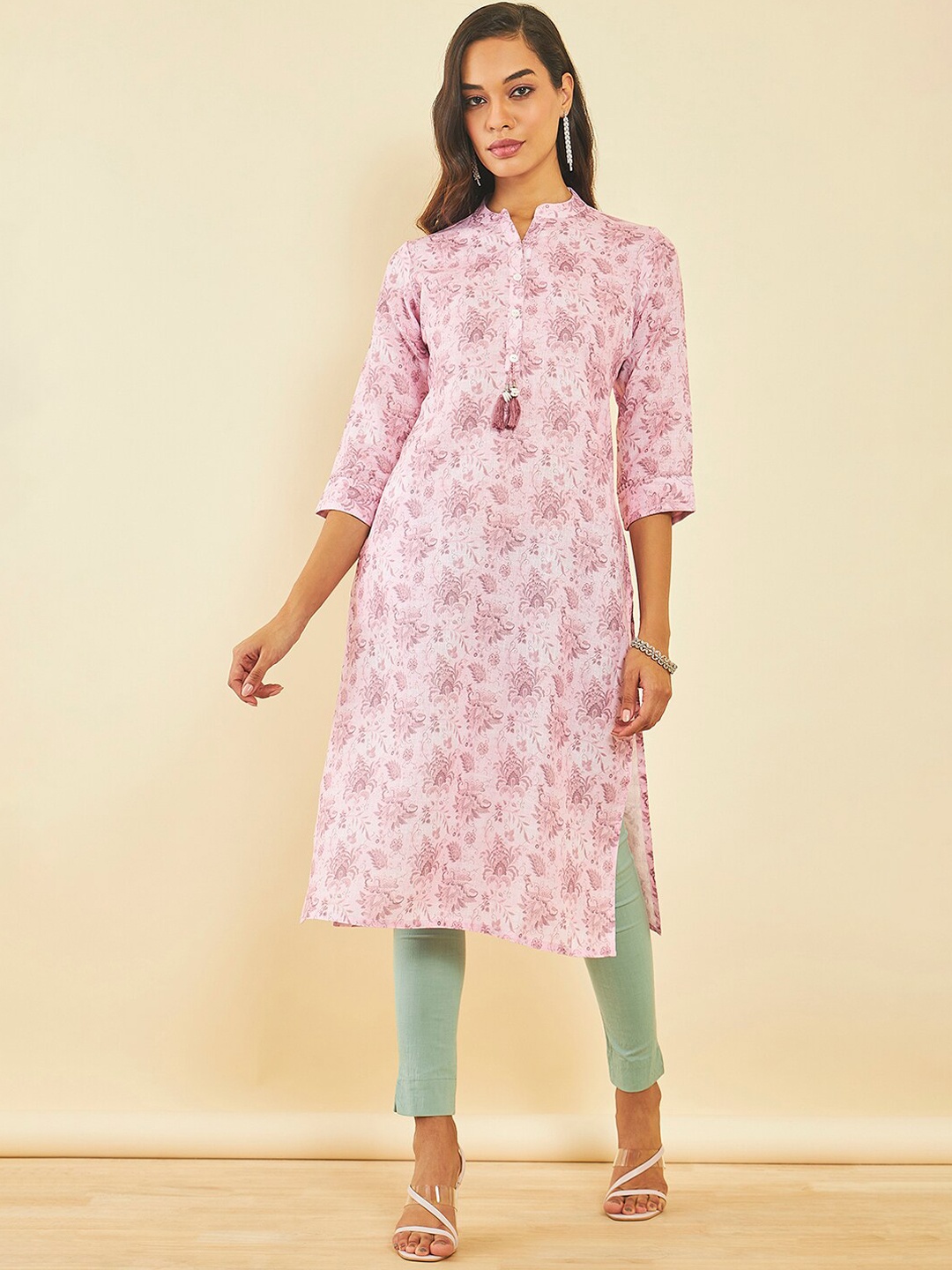 

Soch Ethnic Motifs Printed Mandarin Collar Cotton Kurta, Pink