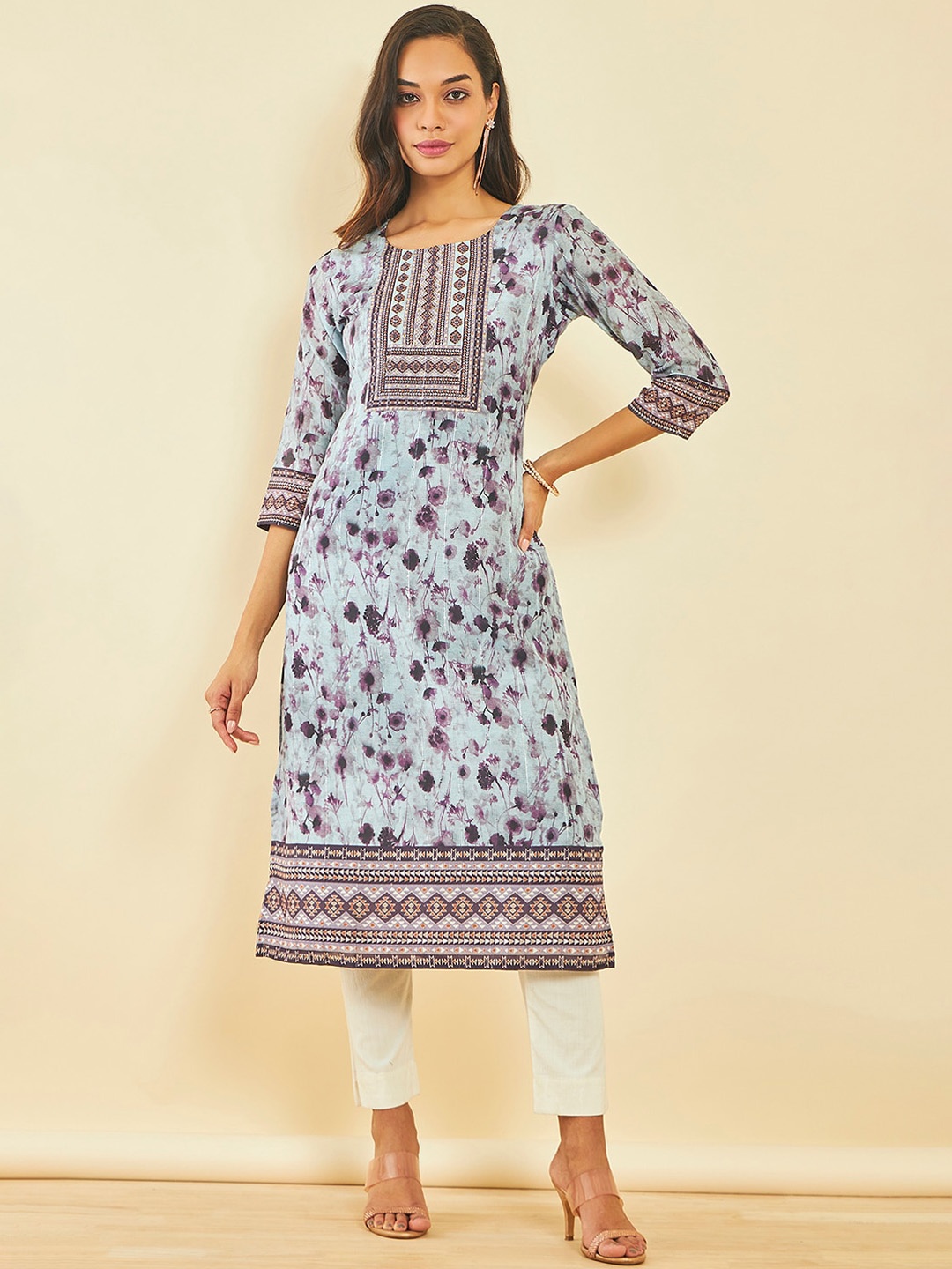 

Soch Floral Printed Chanderi Silk Straight Kurta, Blue