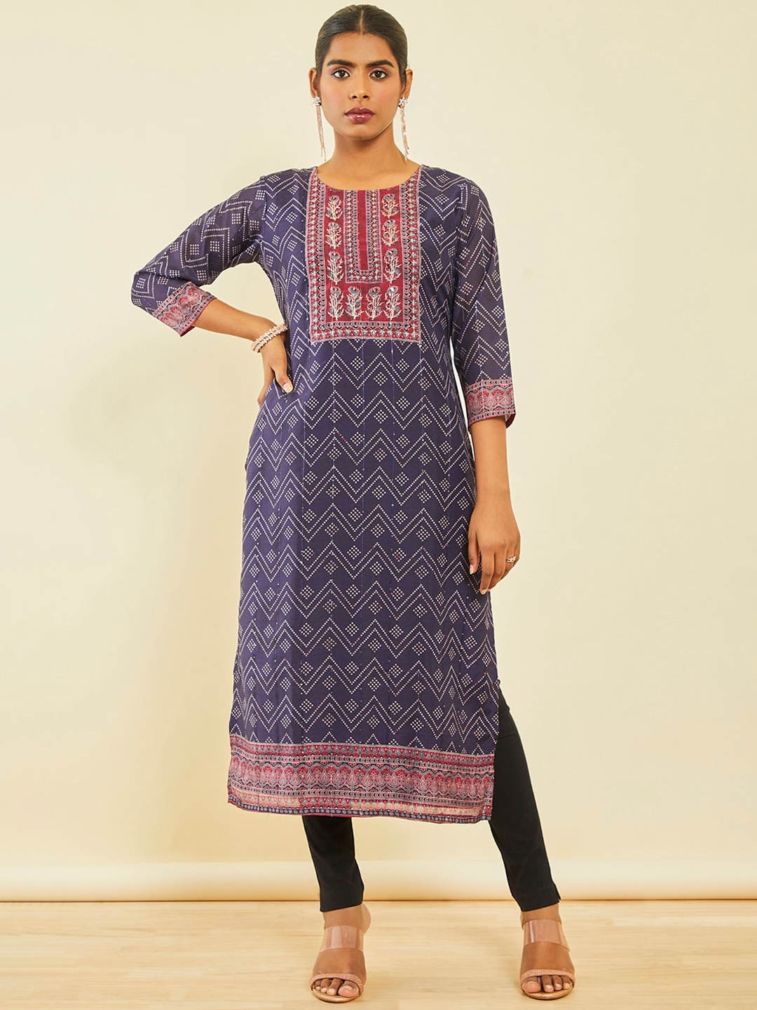 Soch Bandhani Printed Chanderi Silk Kurta, Navy blue