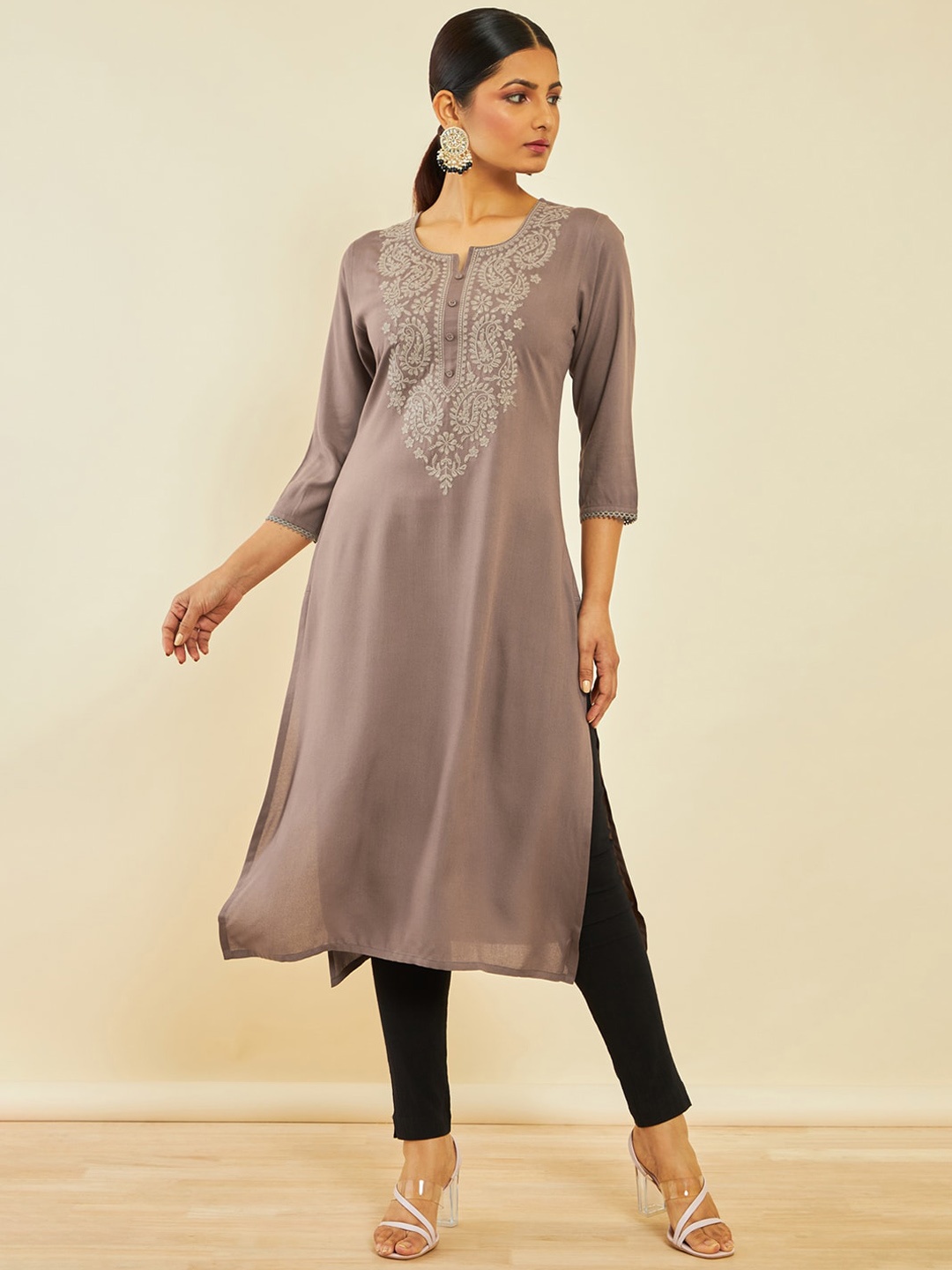 

Soch Ethnic Motifs Yoke Design Thread Work Straight Kurta, Brown