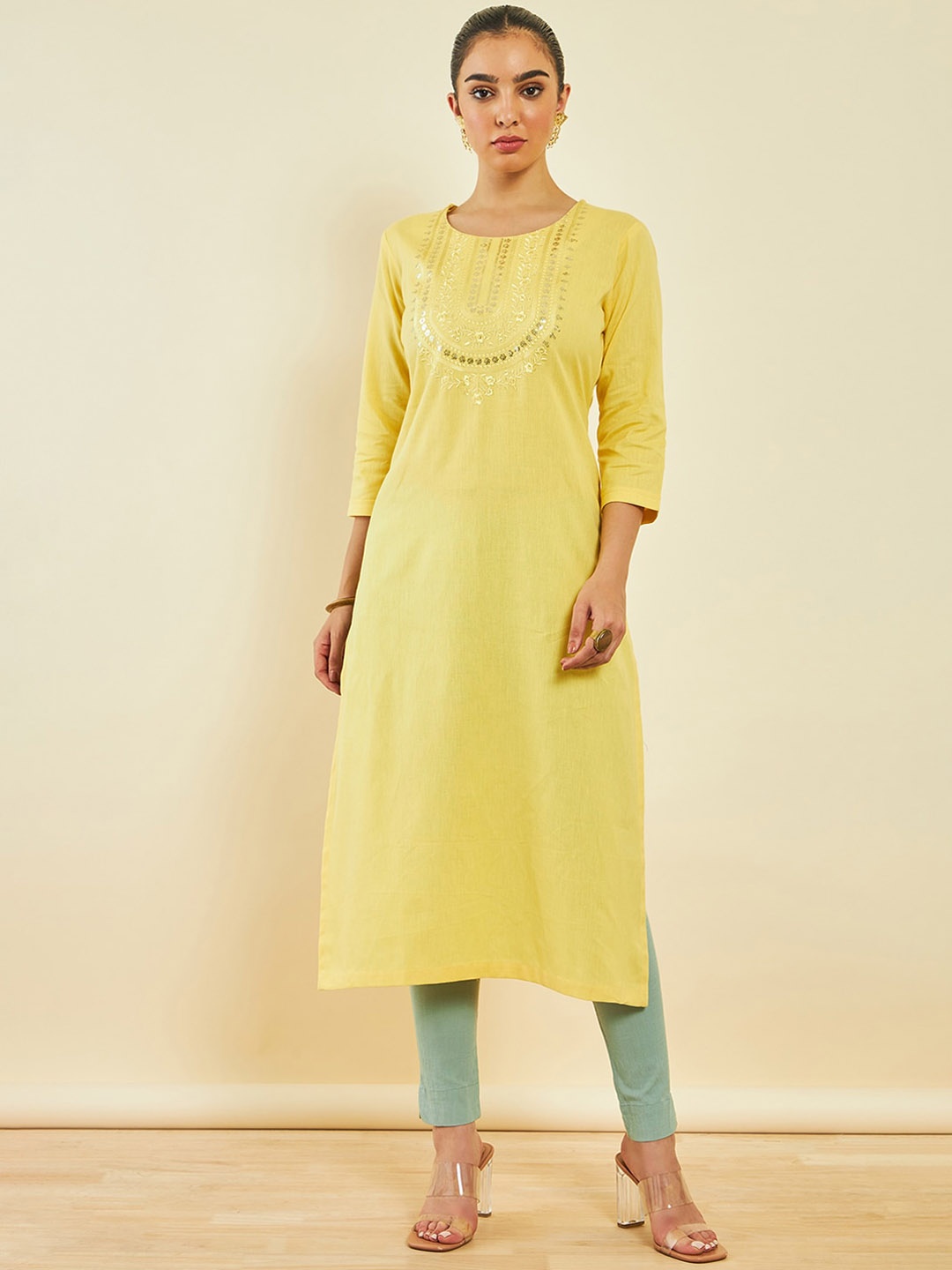 

Soch Floral Embroidered Straight Kurta, Yellow