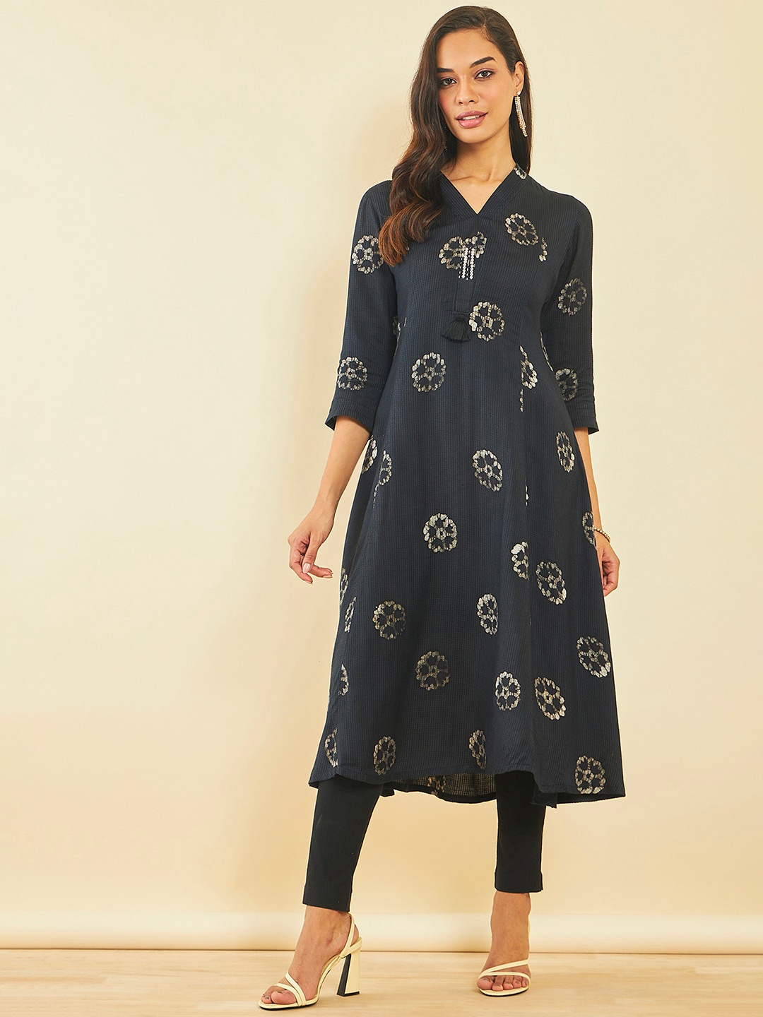 

Soch Floral Batik Printed V-Neck Sequined A-Line Kurta, Black