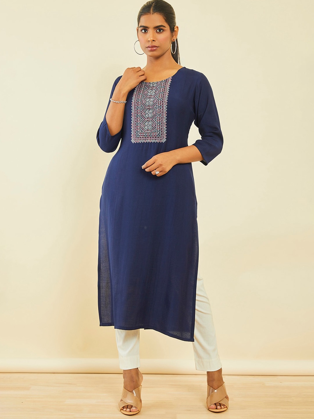 

Soch Ethnic Motifs Yoke Design Regular Kurta, Navy blue