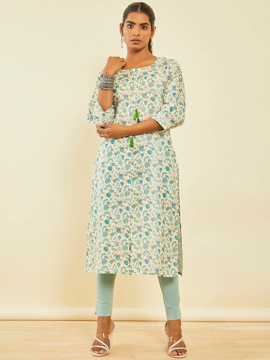 

Soch Floral Printed Cotton Regular Kurta, Cream