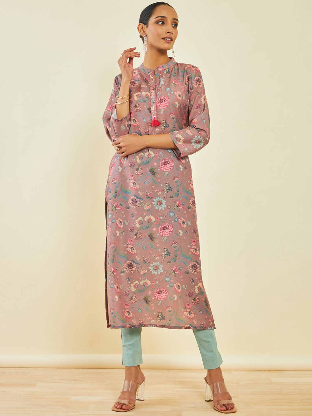 

Soch Floral Printed Mandarin Collar A-line Kurta, Brown