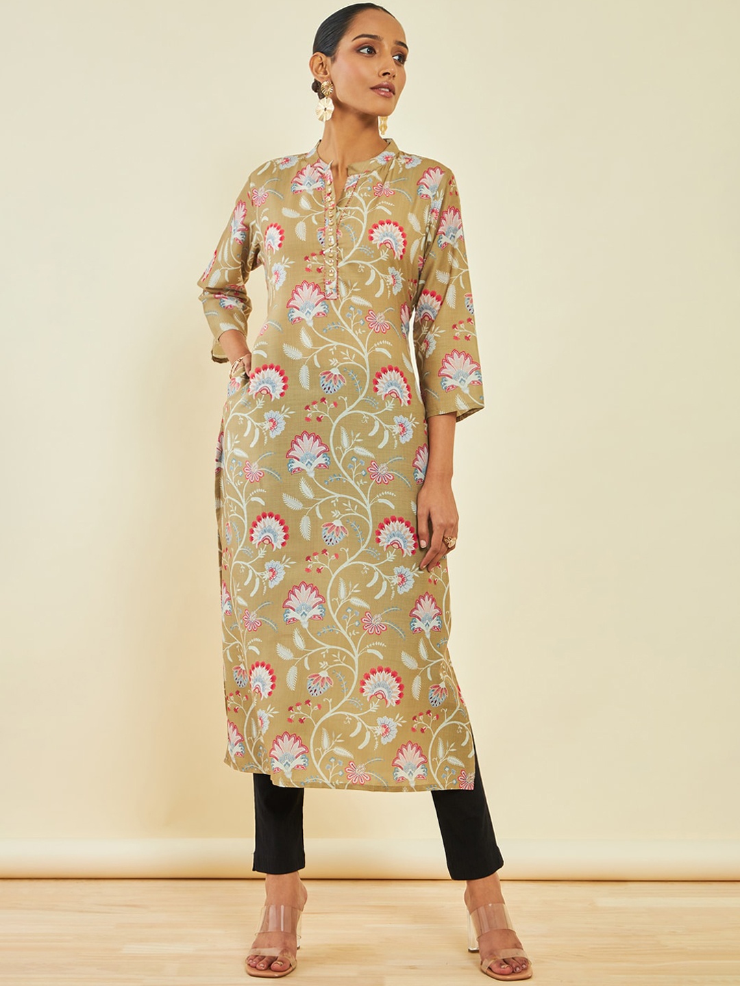 

Soch Floral Printed Mandarin Collar Kurta, Beige