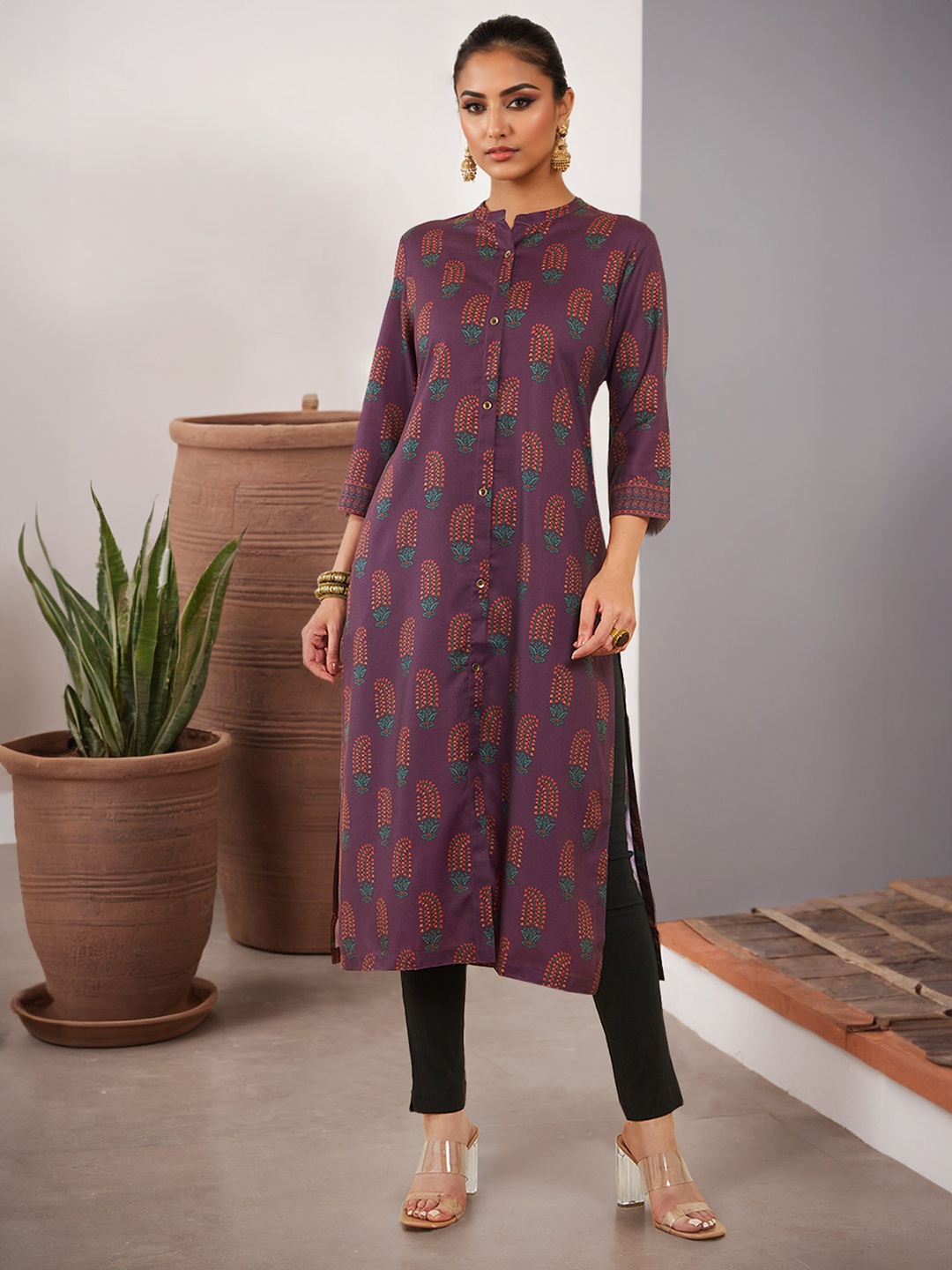 

Soch Ethnic Printed Band Collar Straight Kurta, Maroon