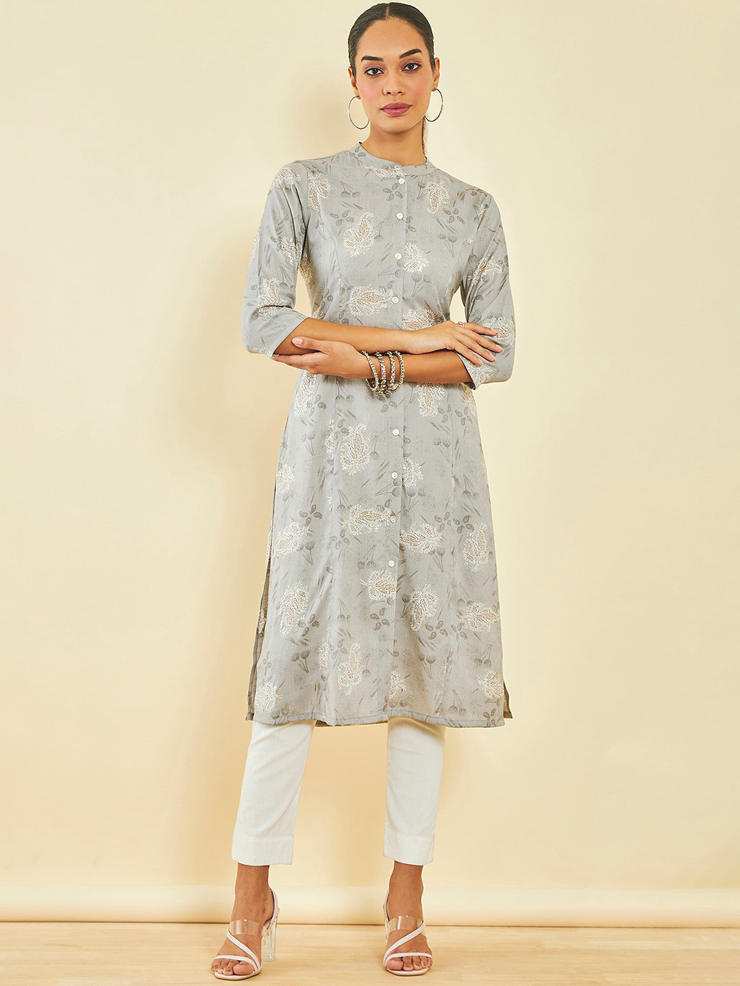 

Soch Floral Printed Straight Kurta, Grey