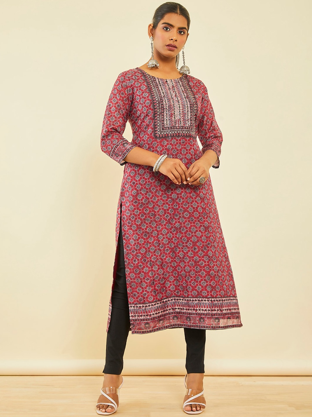 

Soch Ethnic Motifs Printed Mirror Work Straight Chanderi Silk Kurta, Maroon