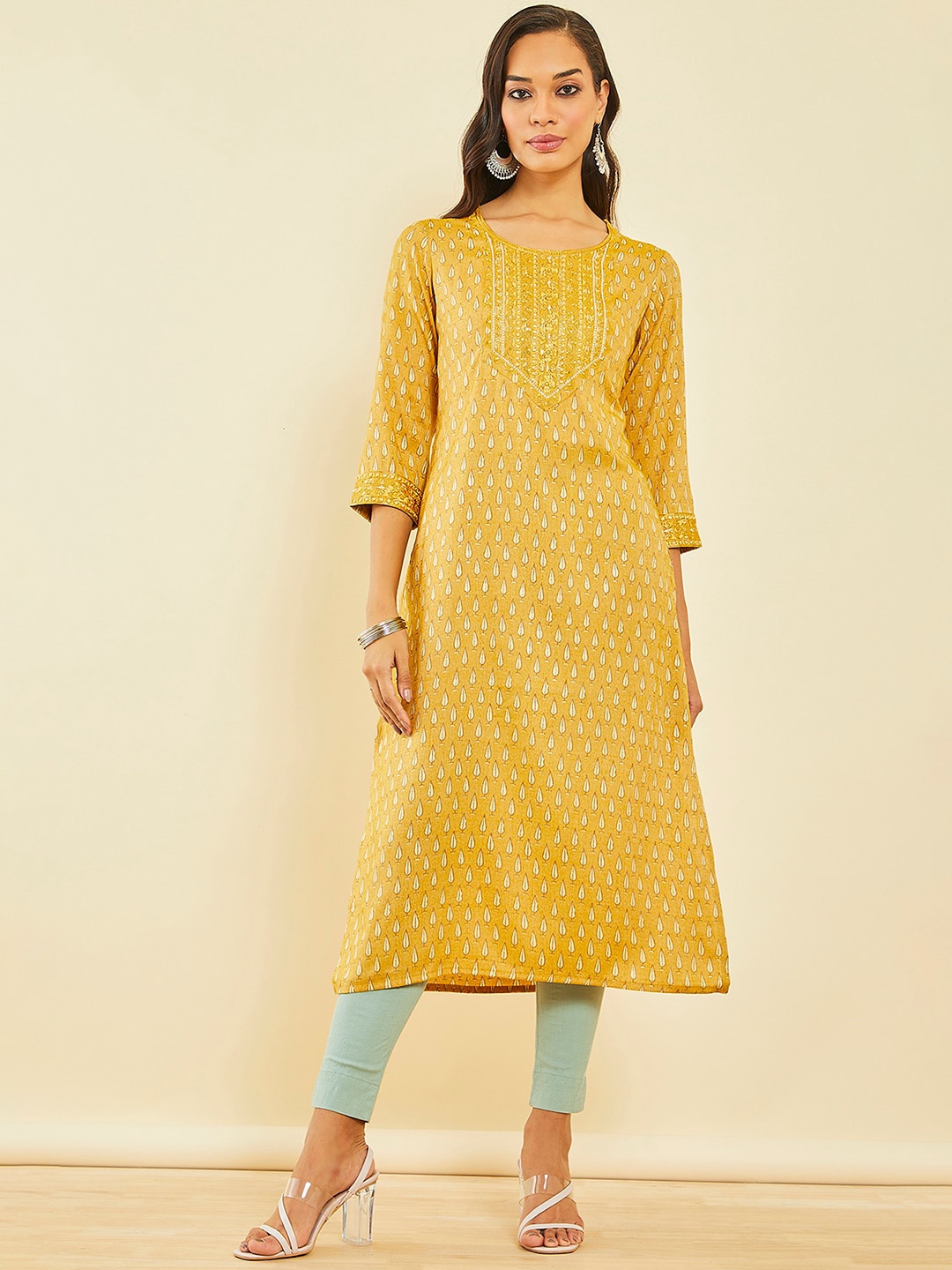 

Soch Ethnic Motifs Printed Sequined Straight Kurta, Mustard