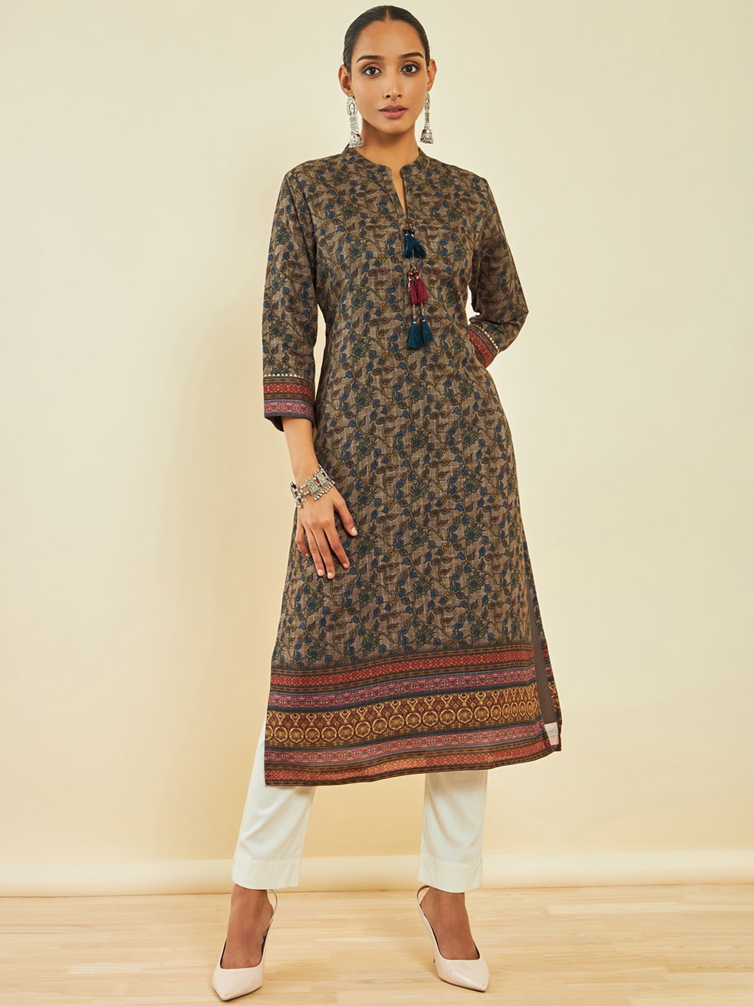 

Soch Ethnic Motifs Printed Mandarin Collar Cotton Kurta, Brown