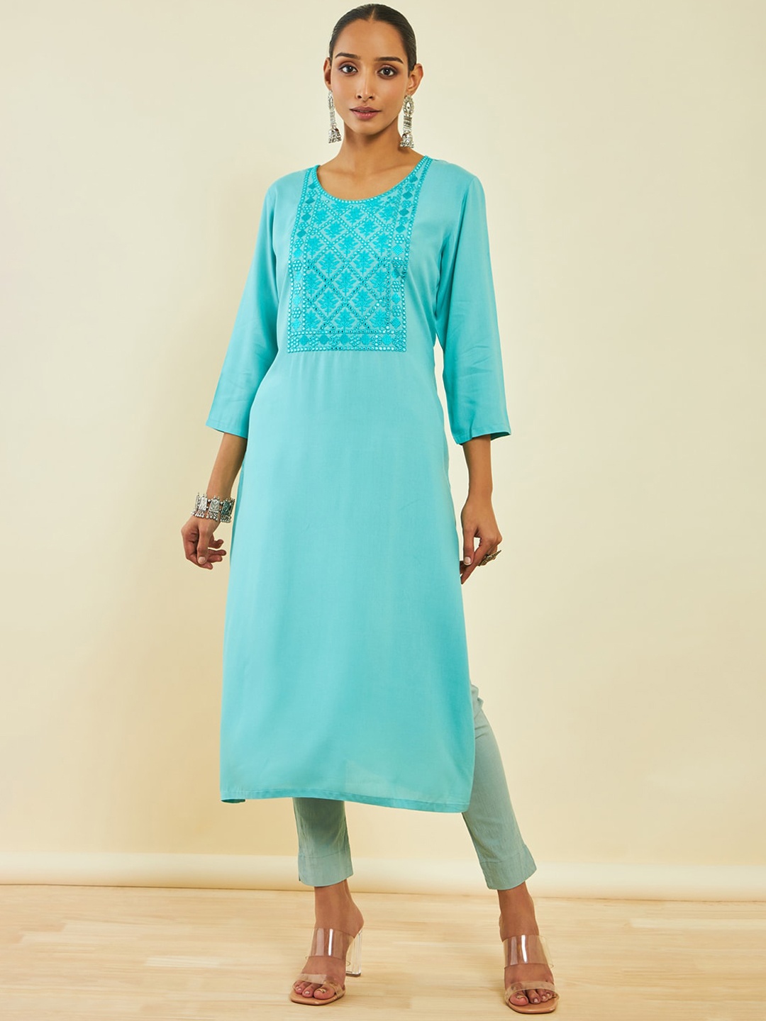 

Soch Yoke Design Thread Work Cotton Straight Kurta, Blue