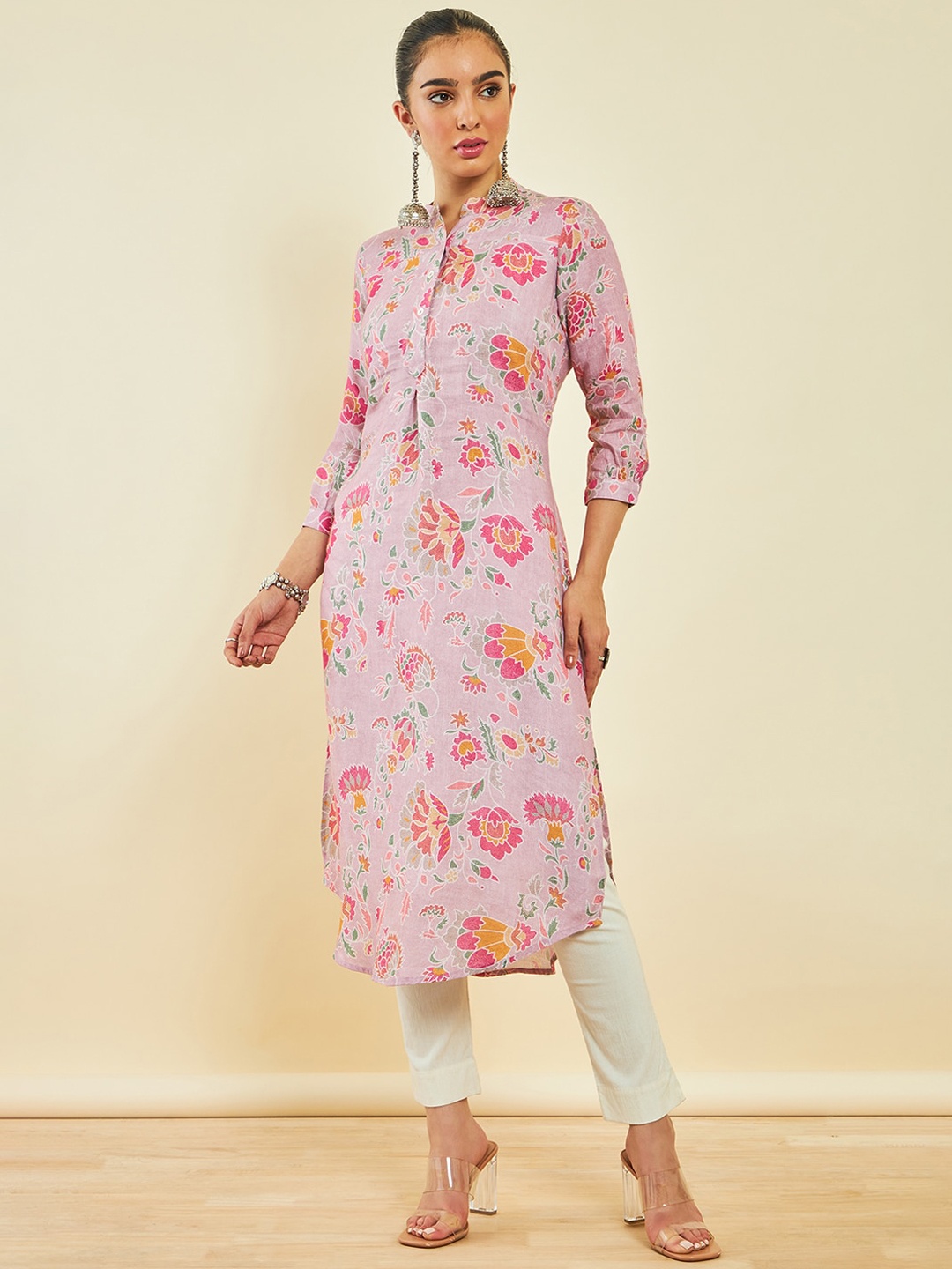 

Soch Floral Printed Mandarin Collar Straight Kurta, Pink