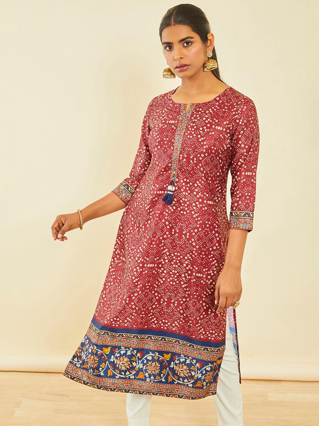 

Soch Bandhani Printed Satin Kurta With Tassels, Maroon