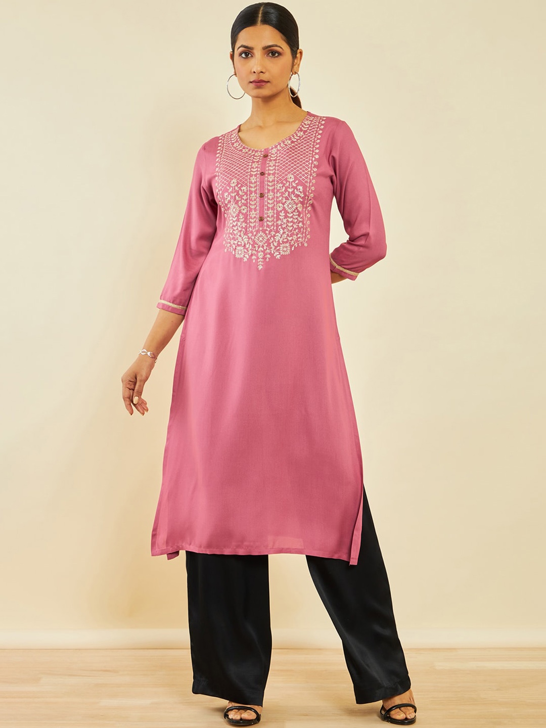 

Soch Floral Embroidered Straight Kurta, Pink