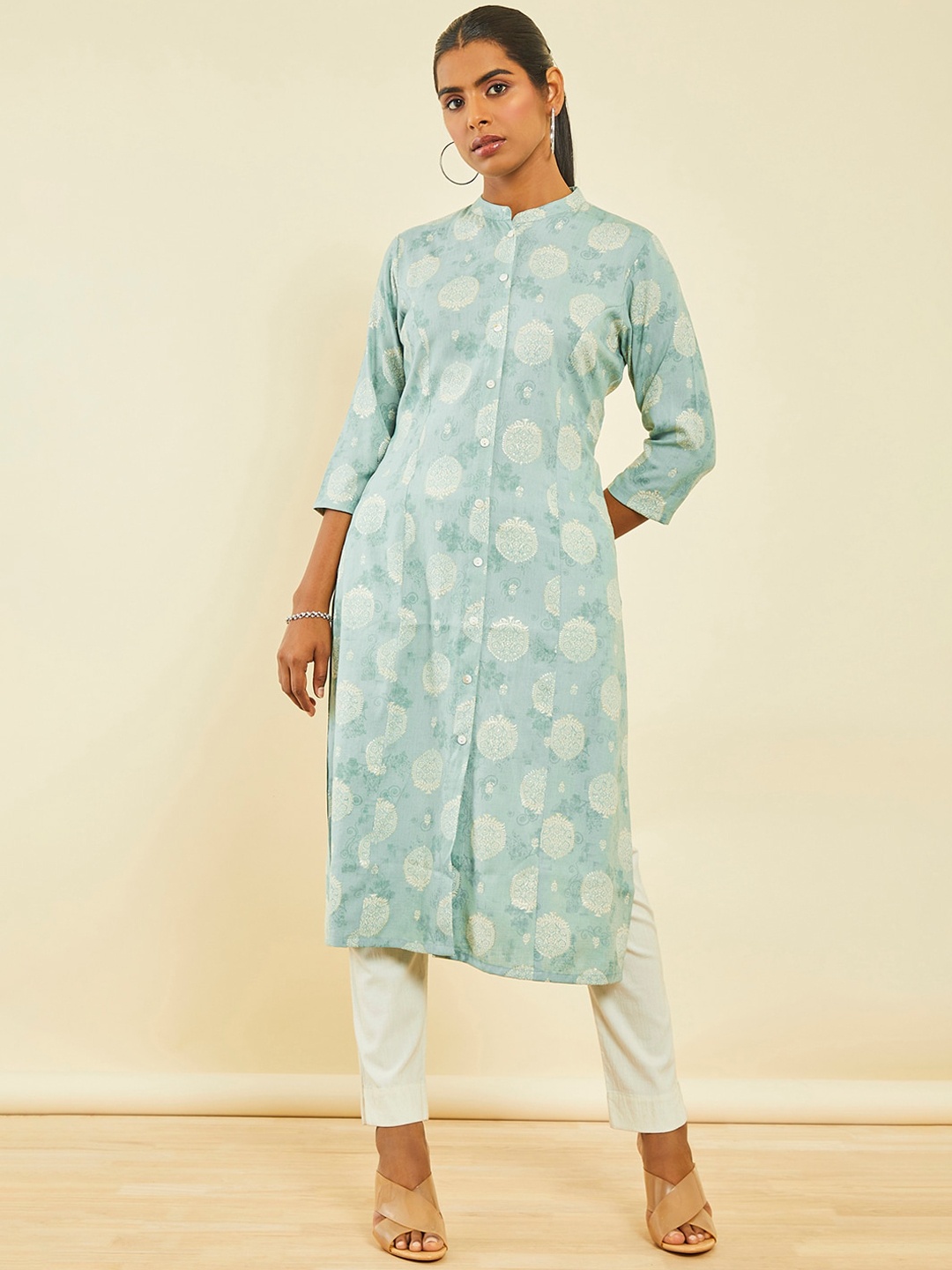 

Soch Ethnic Motifs Woven Design Mandarin Collar A-Line Kurta, Green