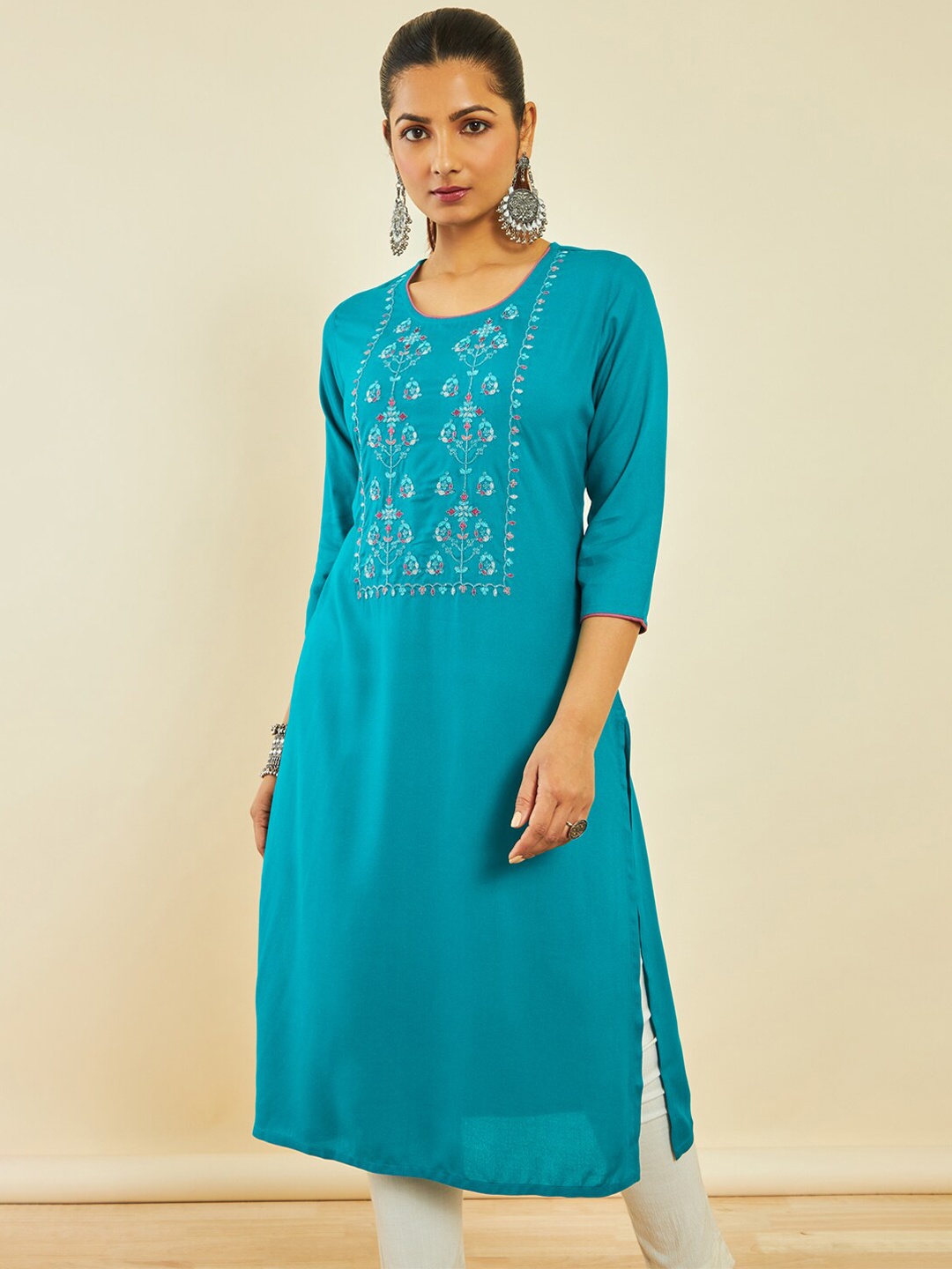 

Soch Ethnic Motifs Embroidered Thread Work Kurta, Turquoise blue